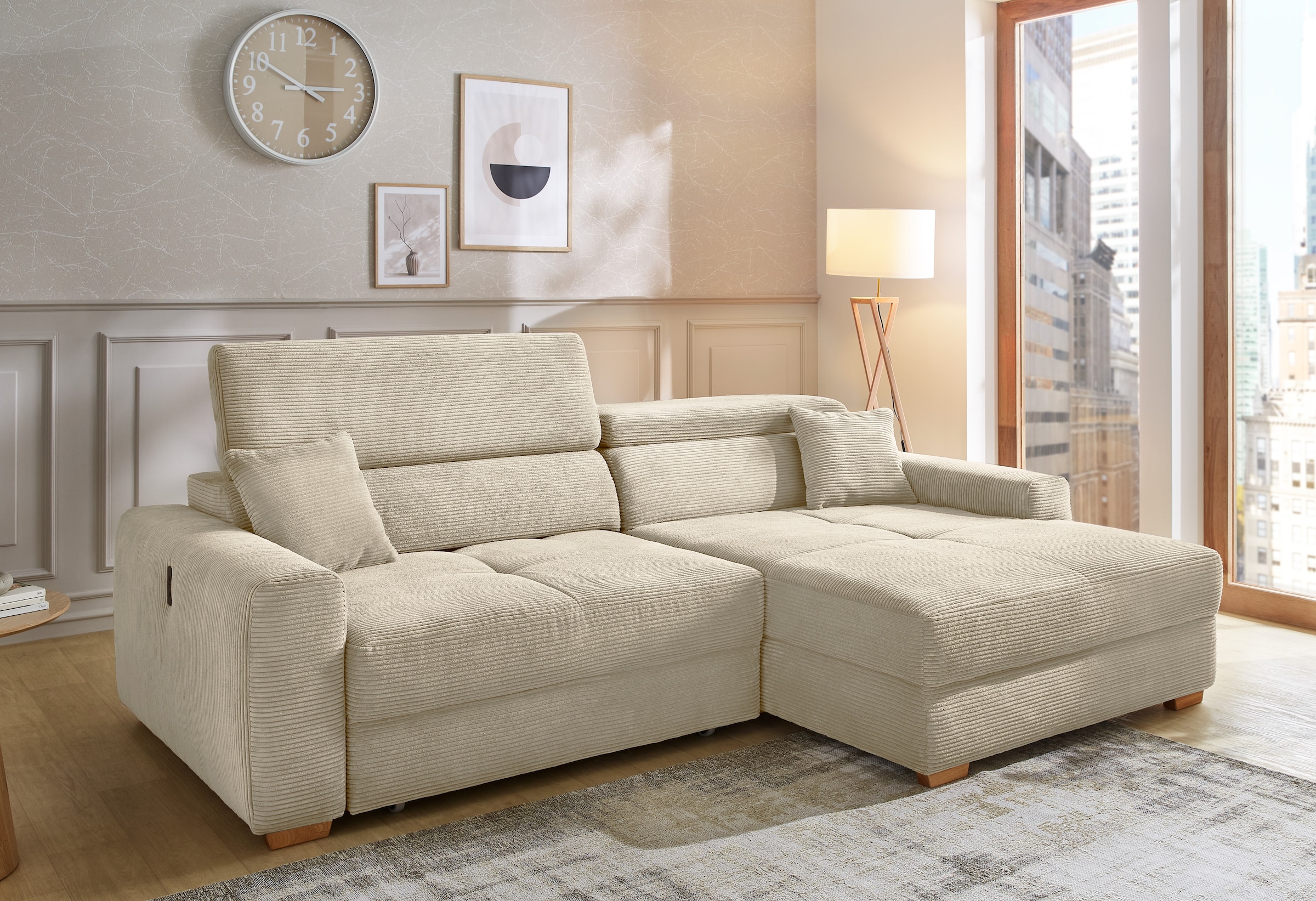 Jockenhöfer Gruppe Ecksofa "Slider L-Form, B: 277 cm Couch, 60cm elektrische Sitztiefenverstellung" 140kg Belastbarkeit, USB-Anschluss, Kopfteilverstellung & Zierkissen