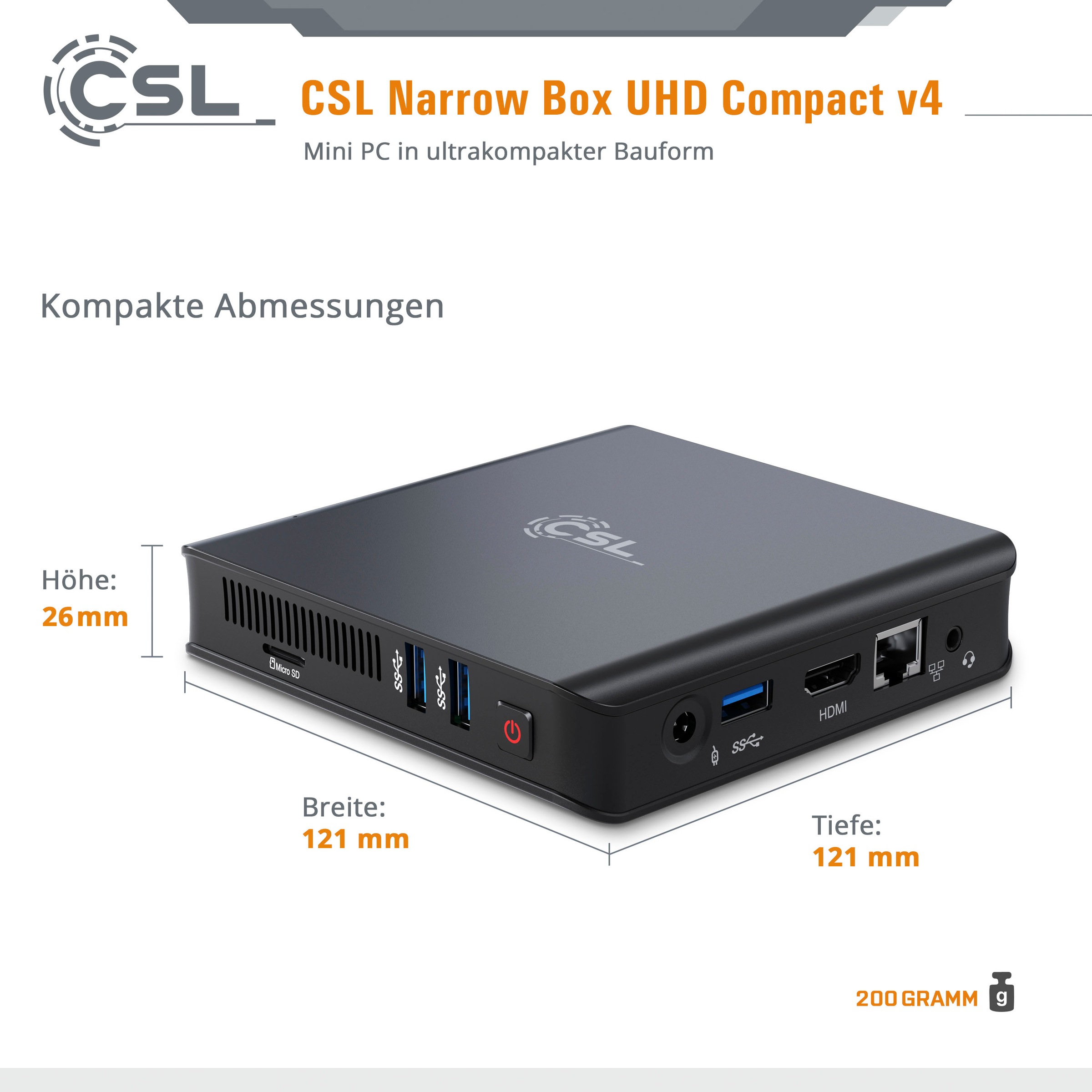 CSL Mini-PC »Narrow Box Ultra HD Compact v4 / 256GB M.2 SSD/ Win 10«