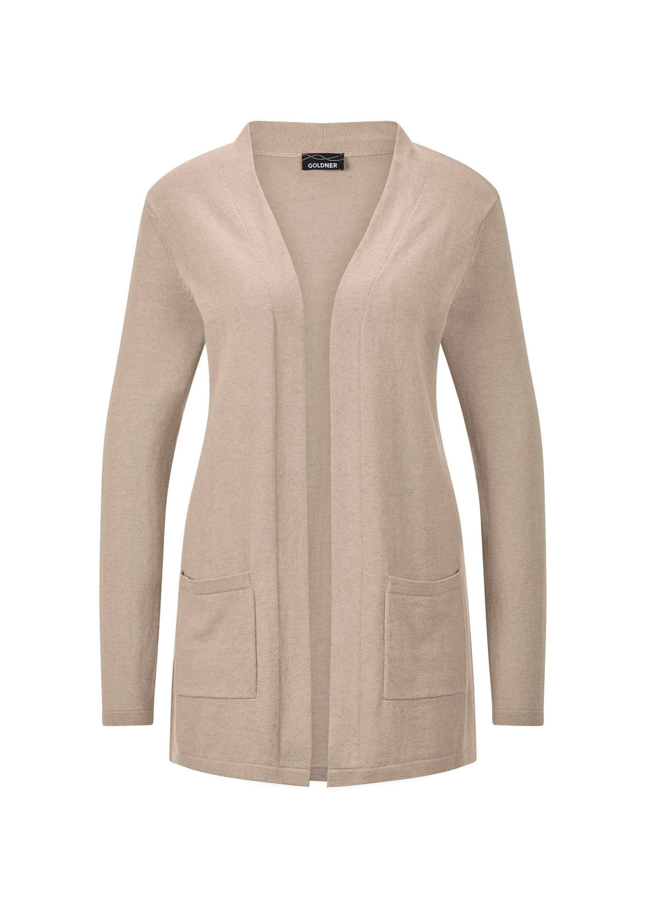 Strickjacke GOLDNER "Kurzgröße Elegante Strickjacke mit Kaschmir", Damen, Gr. 22, beige, Obermaterial: 95% Baumwolle CO. 5% Kaschmir WS., gerade, Strickjacken Strickjacke, mit Kaschmieranteil