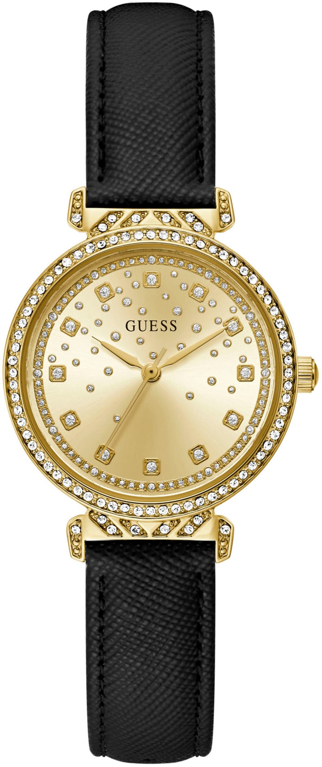 Guess Quarzuhr »ENCHANTMENT«, Armbanduhr, Damenuhr, Kristallsteine, Mineralglas, Lederarmband