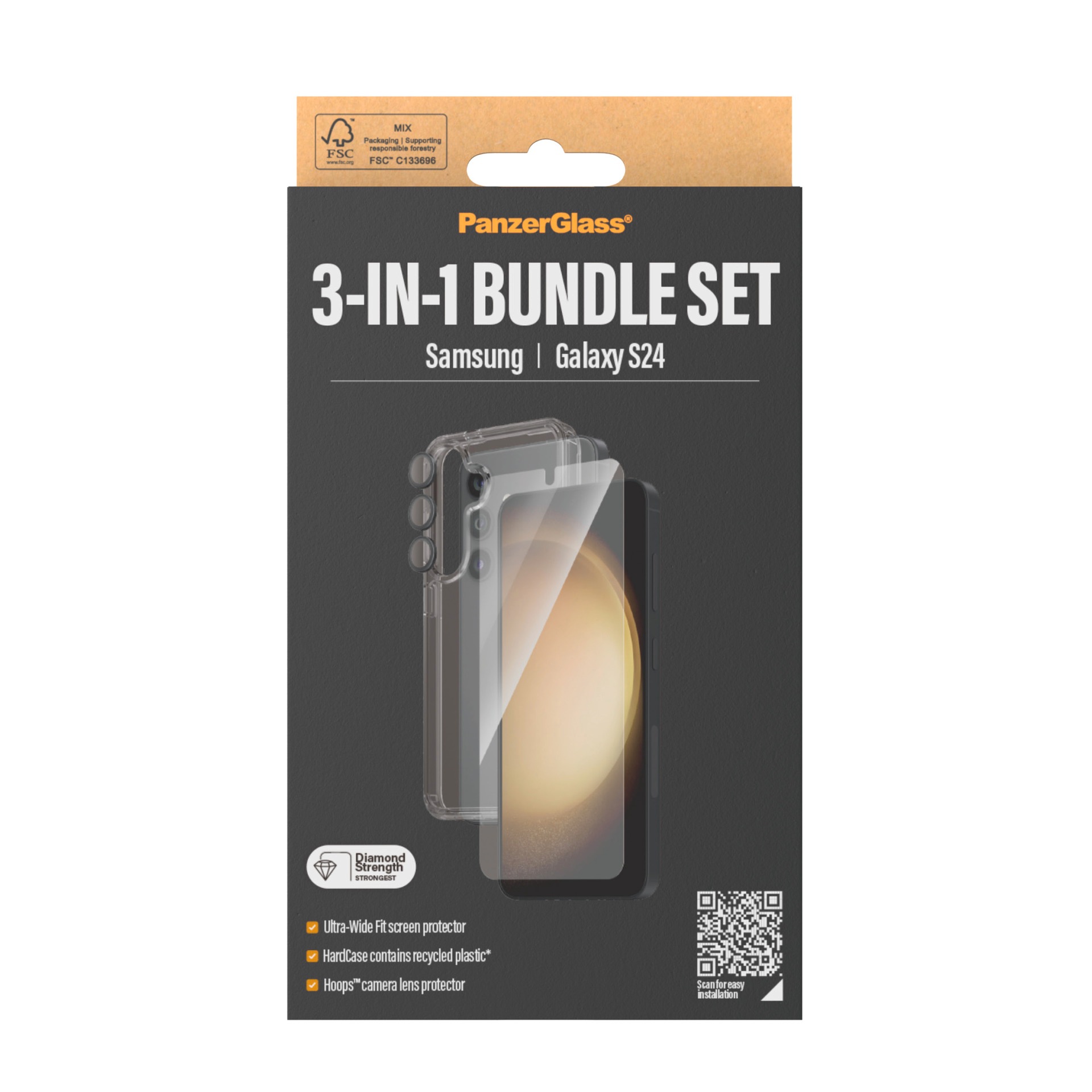 PanzerGlass Displayschutzglas »3-in-1 Bundle Set Screen Protector, HardCase, Hoops«, für Samsung Galaxy S24, Displayschutzfolie, Schutzfolie, Bildschirmschutz, kratz- & stoßfest