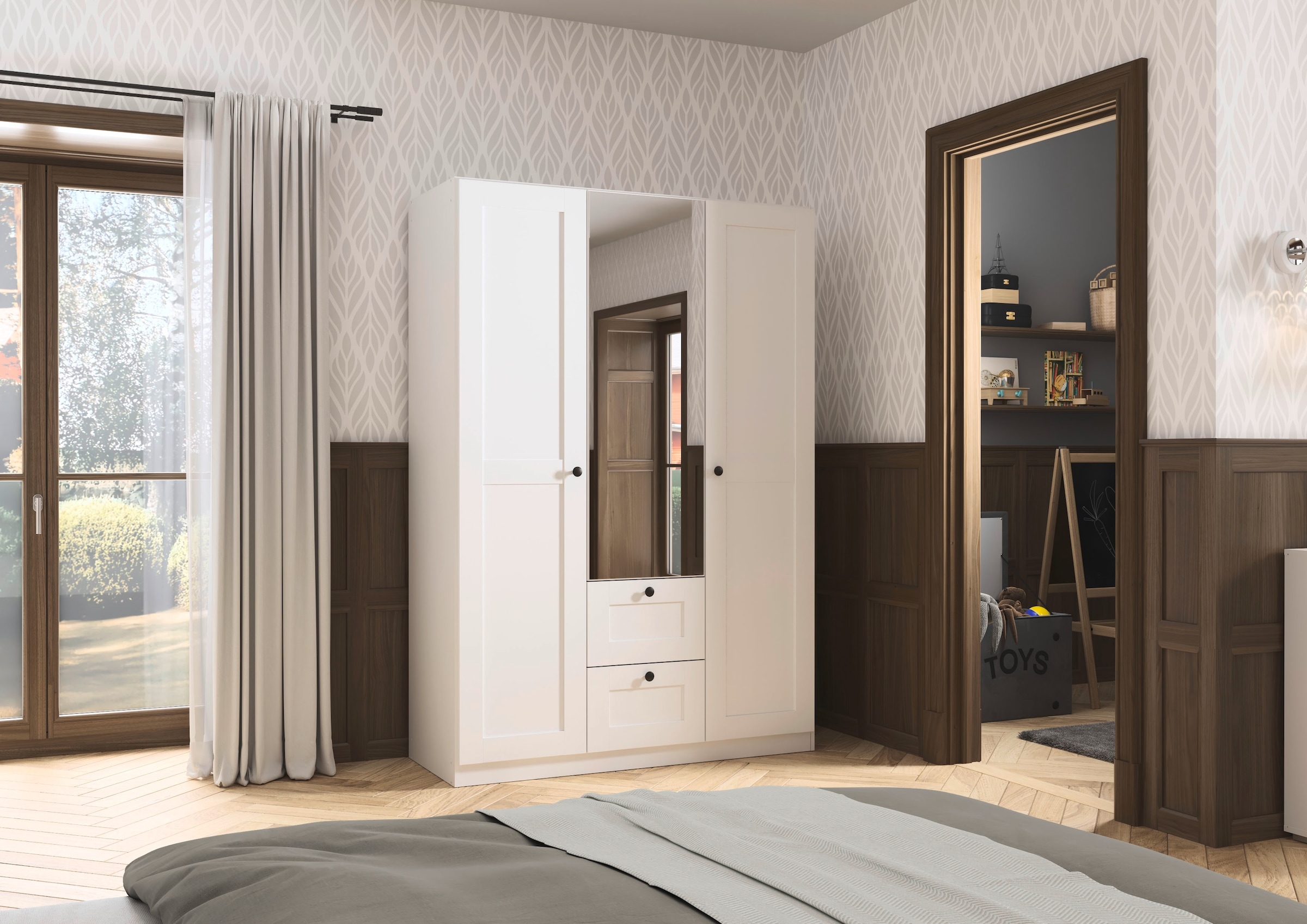rauch Drehtürenschrank »Kleiderschrank Schrank Garderobe Ankleide Schlafzimmerschrank YLVA« Breiten: 90/135/180 cm, Höhe 197 cm,  skandinavischer Style mit Rahmenfront und Knopfgriffen MADE IN GERMANY