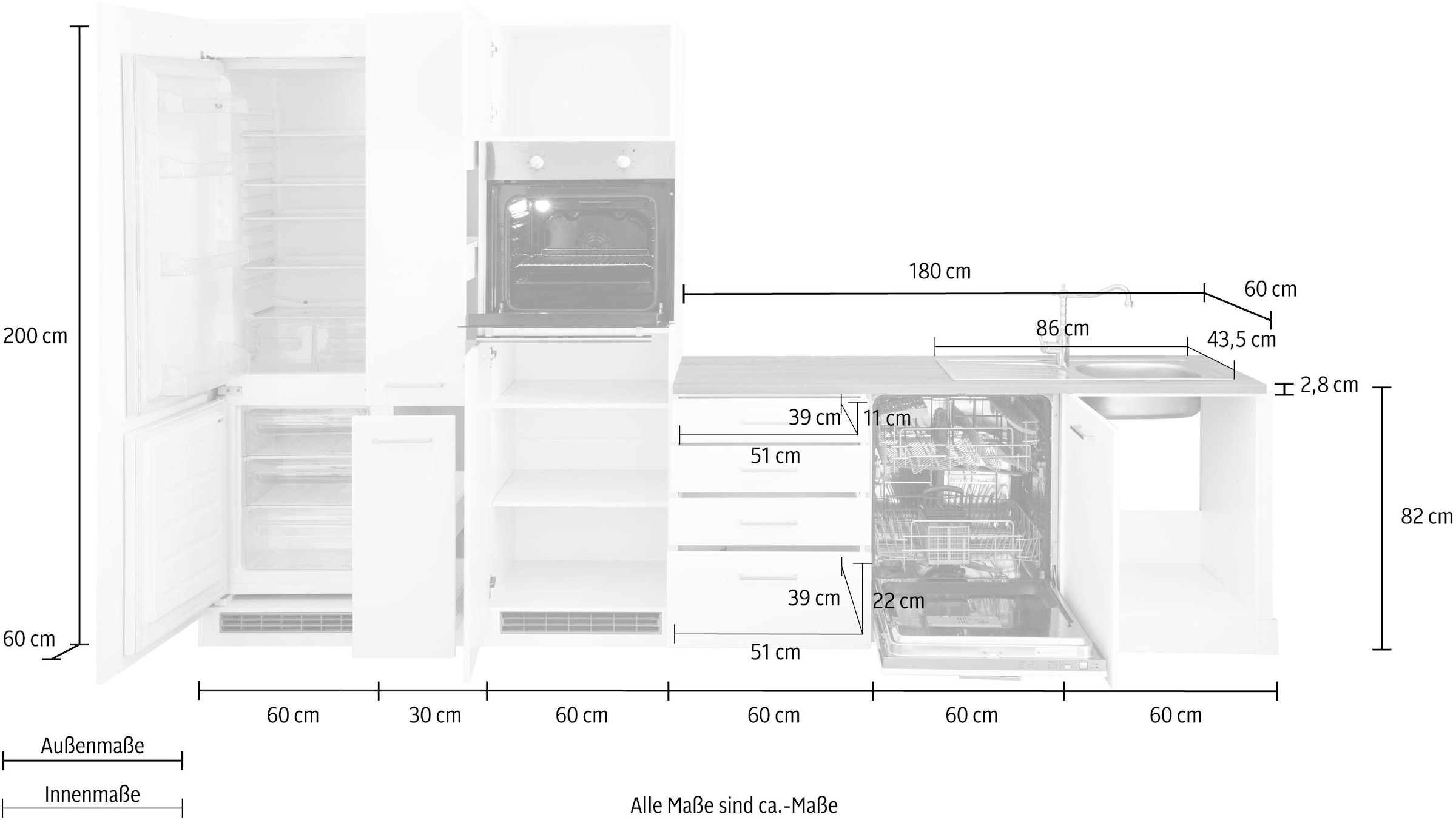 HELD MÖBEL Winkelküche »Visby«, mit E-Geräte, 390x180 cm, inkl. Kühl/Gefrierkombi und Geschirrspüler