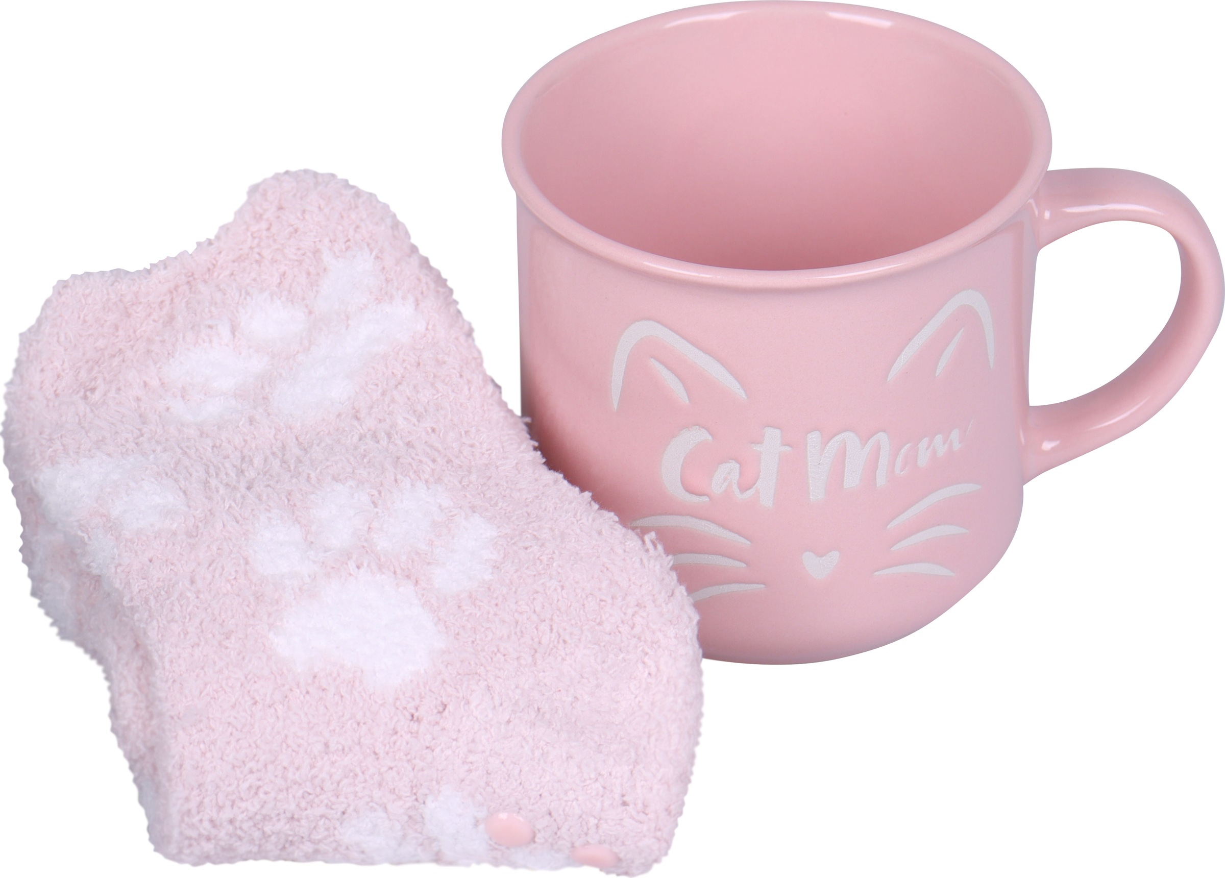 Capelli New York Kuschelsocken, (1 Tasse und 1 Paar Socken), Geschenkset mit rosanen Kuschelsocken und pinker "Cat Mom" Tasse