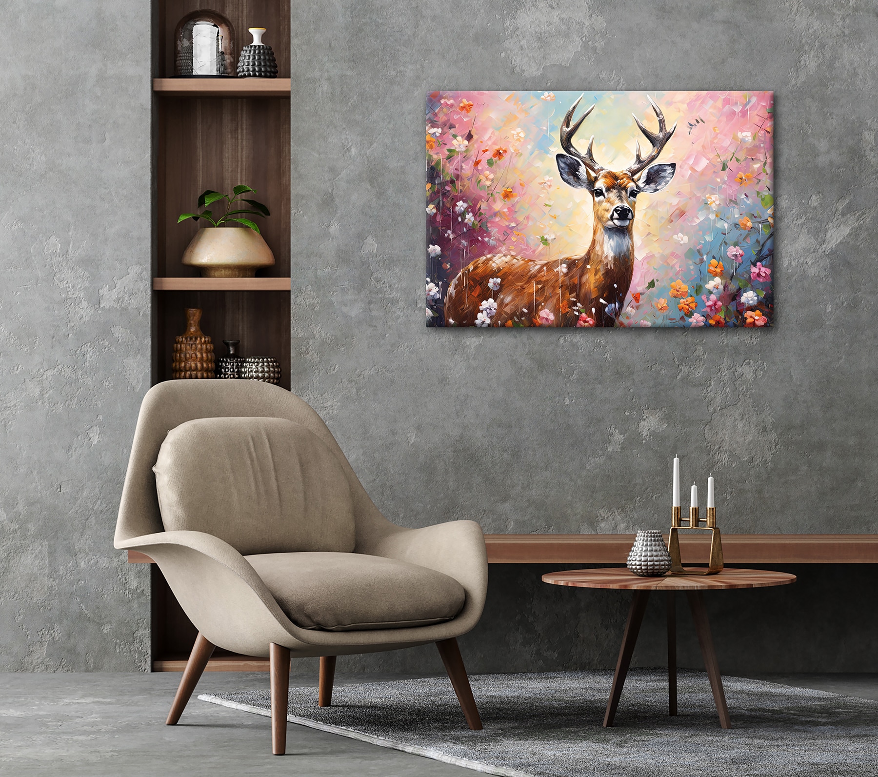 Bönninghoff Leinwandbild »Wandbild HIRSCH IN BLUMEN 60x90 cm – Leinwandbild Keilrahmen Deko« Blumen | Hirsch | Wildtiere 1 Stk. tlg. auf Keilrahmen gespannt