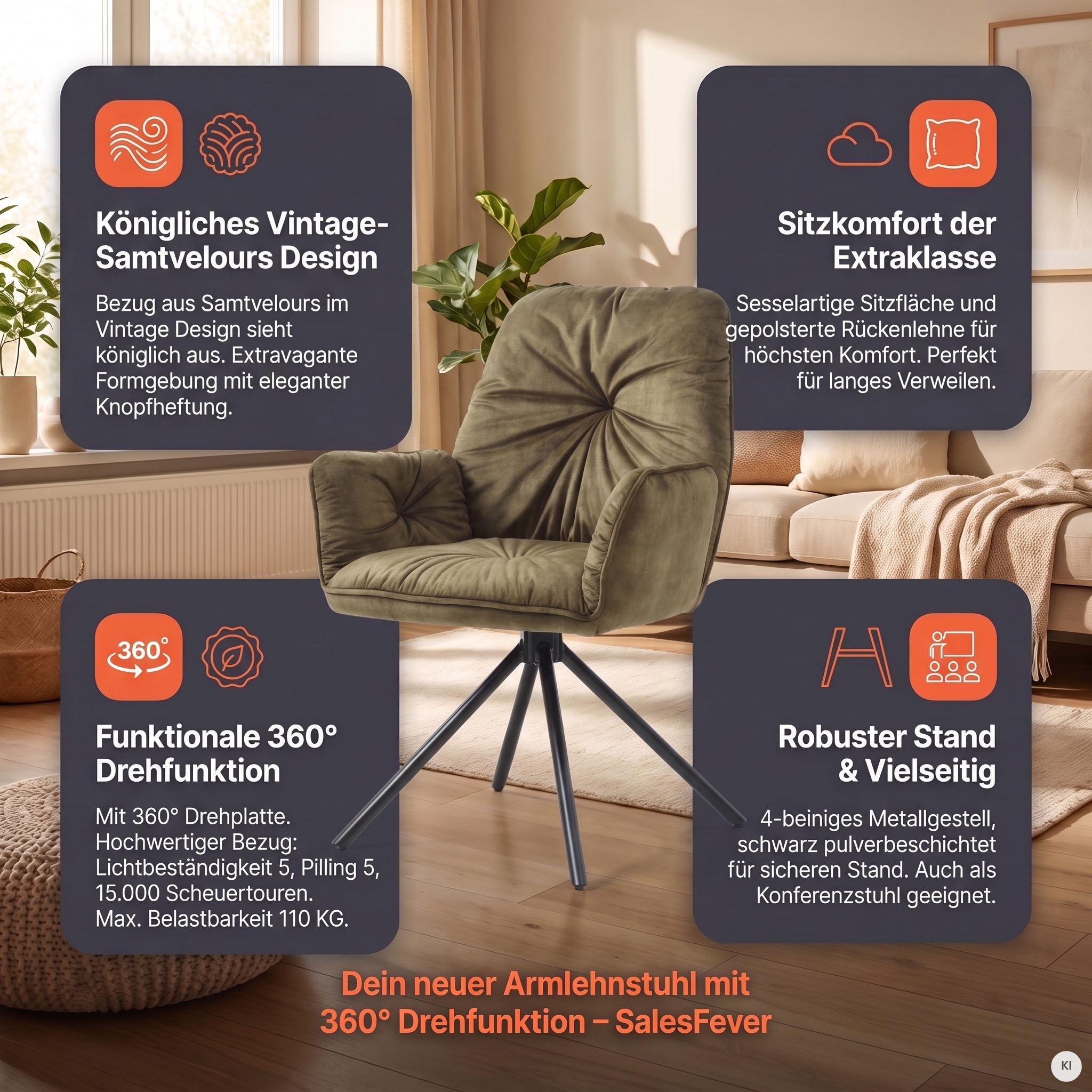 SalesFever Esszimmerstuhl »Ottawa Armlehnstuhl: Rückzugsort im Esszimmer« () 1 Stk.360° Drehbarer Esszimmersessel mit Armlehnen - 1 Stück