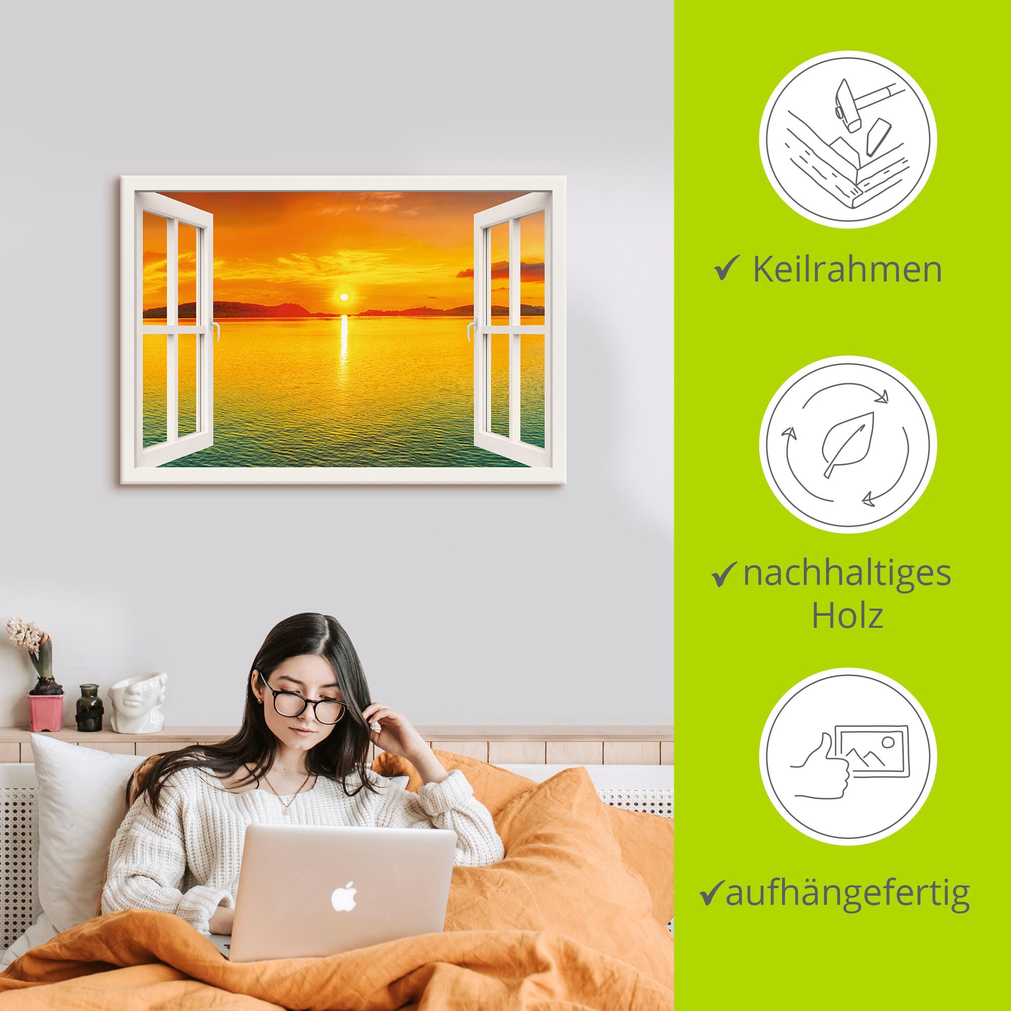 Artland Wandbild »Fensterblick - Sonnenuntergangspanorama«, Fensterblick, (1 St.), als Leinwandbild, Wandaufkleber in verschied. Größen