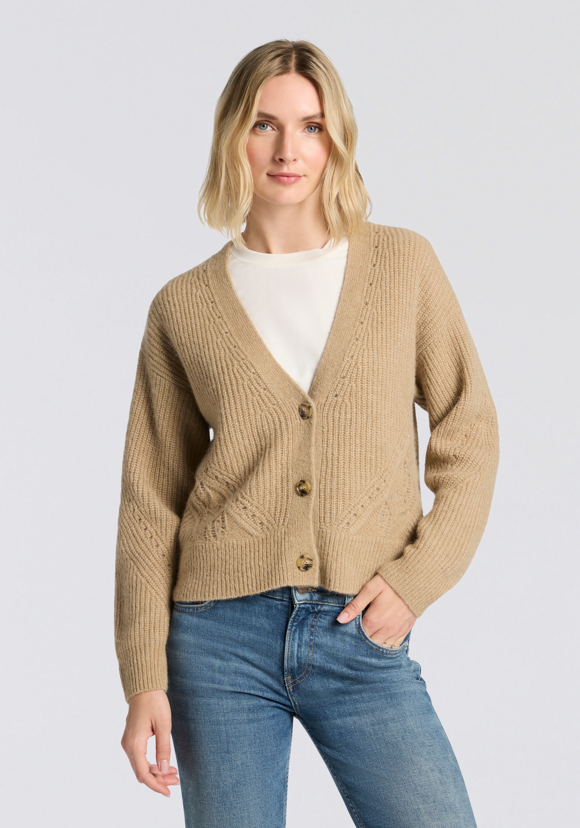 BOSS ORANGE Cardigan "Fortellini Premium Damenmode" mit Ajourstrickmuster günstig online kaufen