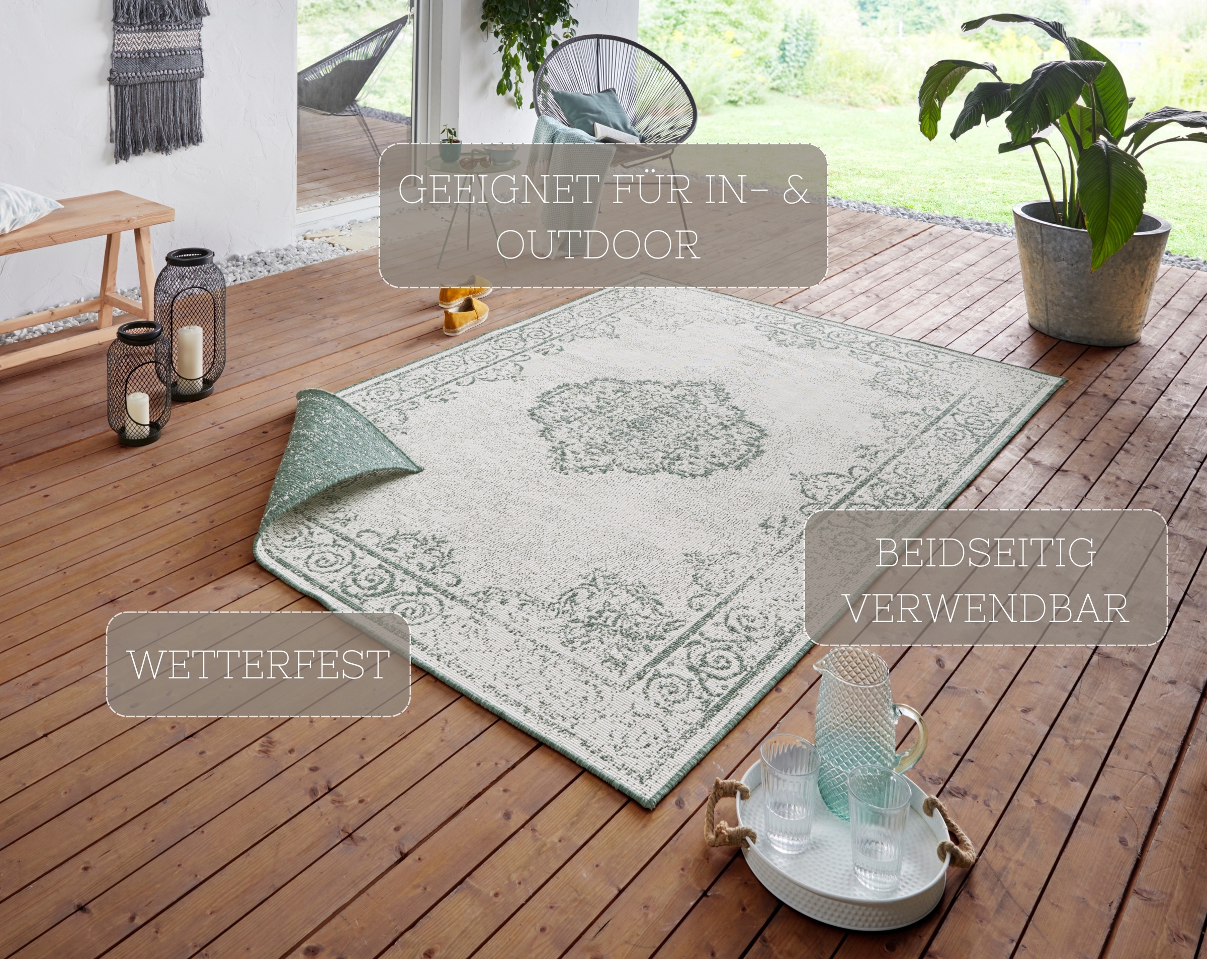 Teppich HANSE HOME "CEBU Wendeteppich" Gr. 31, beige (creme, grün), B:160cm H:5mm L:230cm, Polypropylen (PP), Teppiche, Teppich, In-& Outdoor, Wetterfest, Balkon, Wohnzimmer, Wasserfest, Orientalisch 2