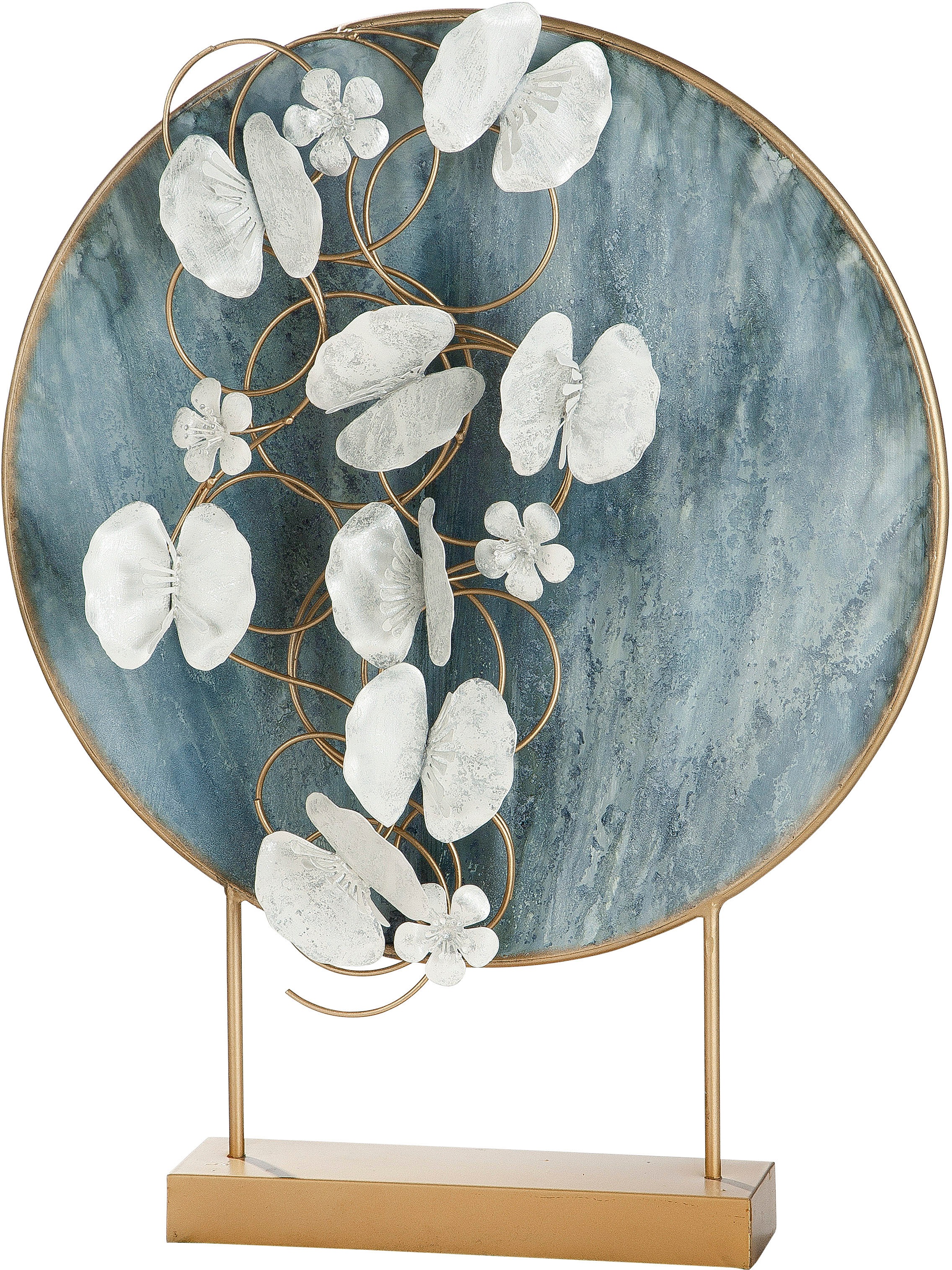 Casablanca by Gilde Dekofigur "Dekoobjekt Blossoms, blau/gold", Dekoobjekt, aus Metall, Höhe 65 cm, Scheibe mit Blumen, 