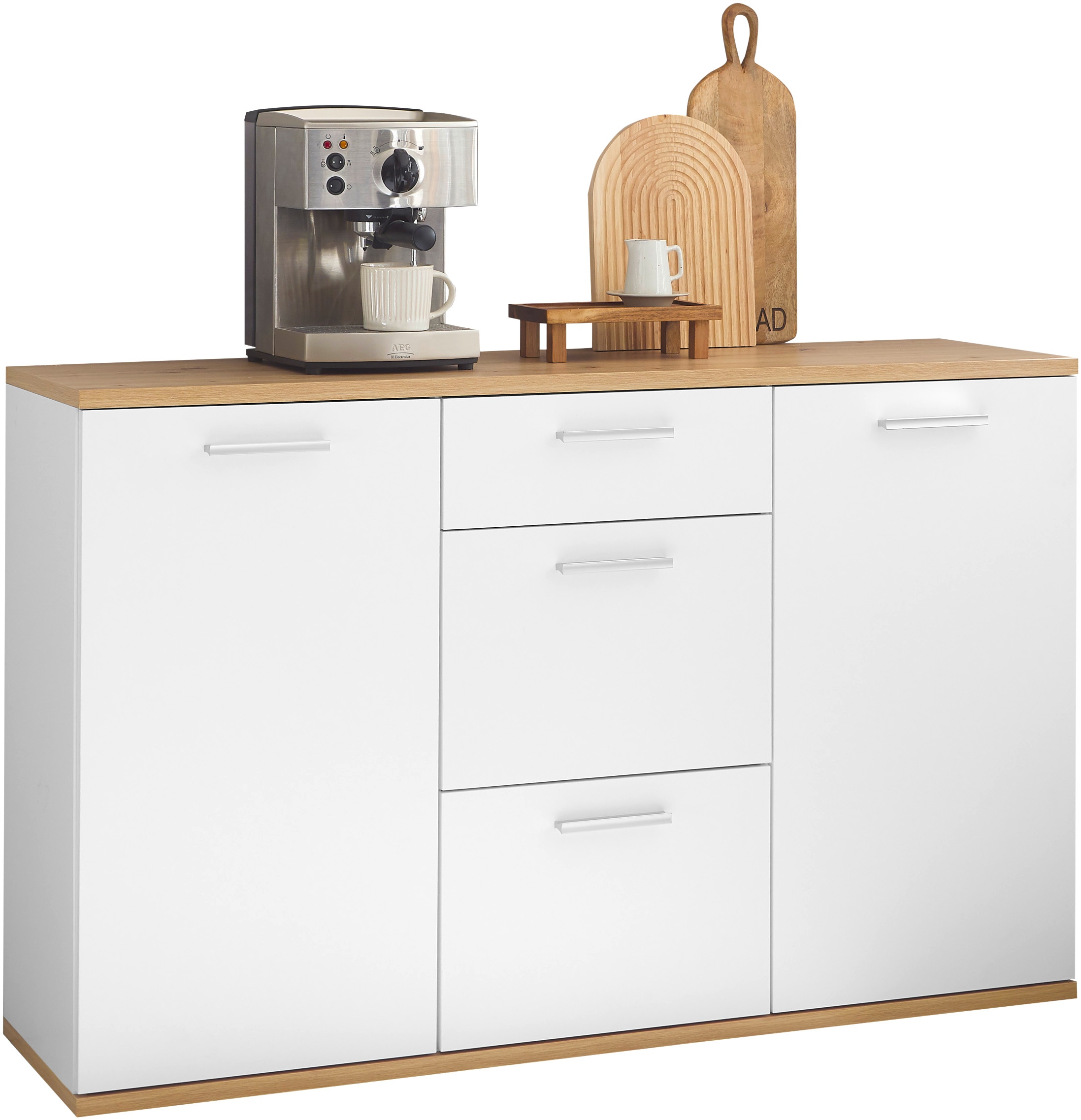 HBZ Kommode »BC1035 weiß matt, BxHxT 135x86x38 cm«, Kommode mit 2 Türen, 3 Schubkästen, 2 Einlegeböden