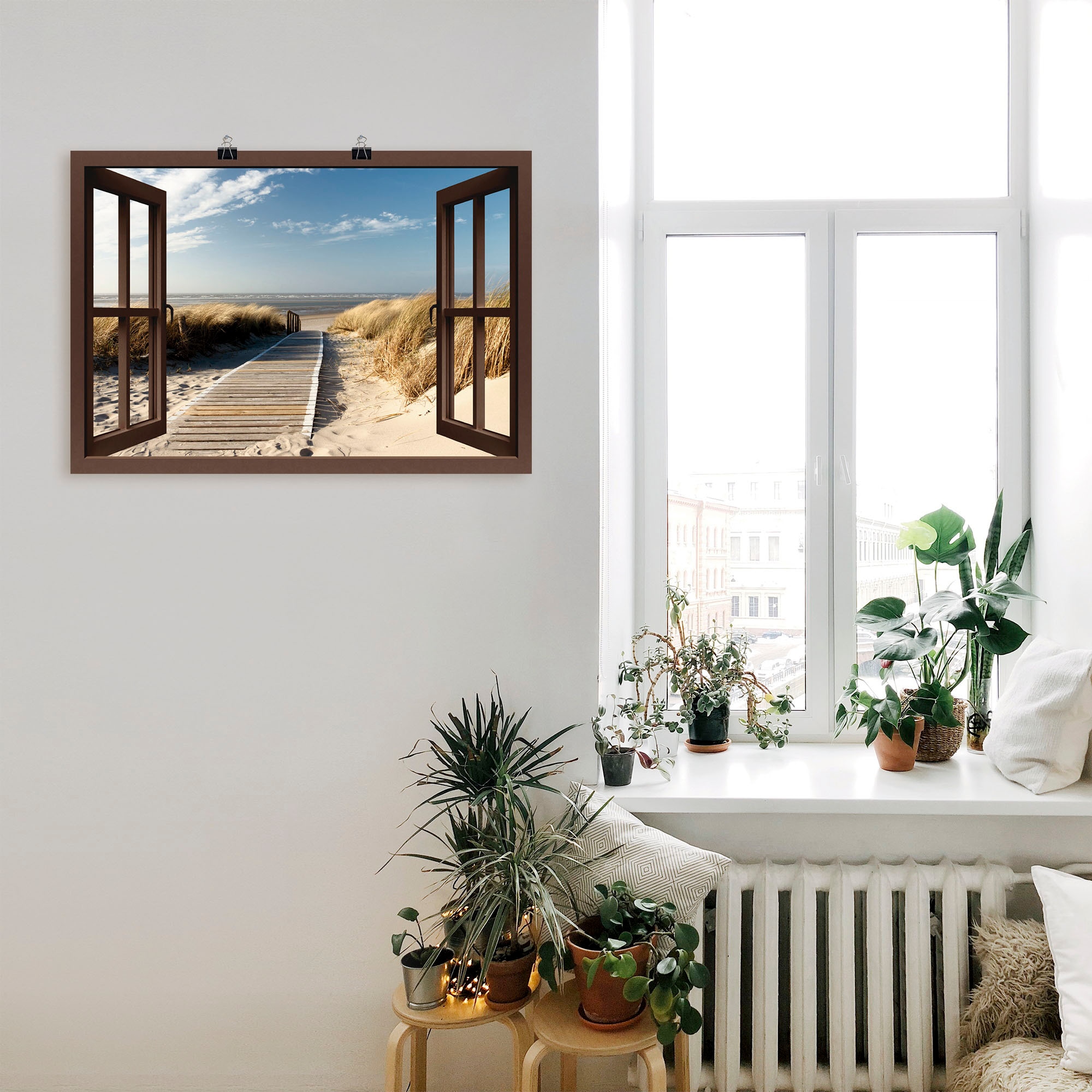 Artland Wandbild »Fensterblick Nordseestrand auf Langeoog«, Fensterblick, (1 St.), als Leinwandbild, Poster, Wandaufkleber in verschied. Größen