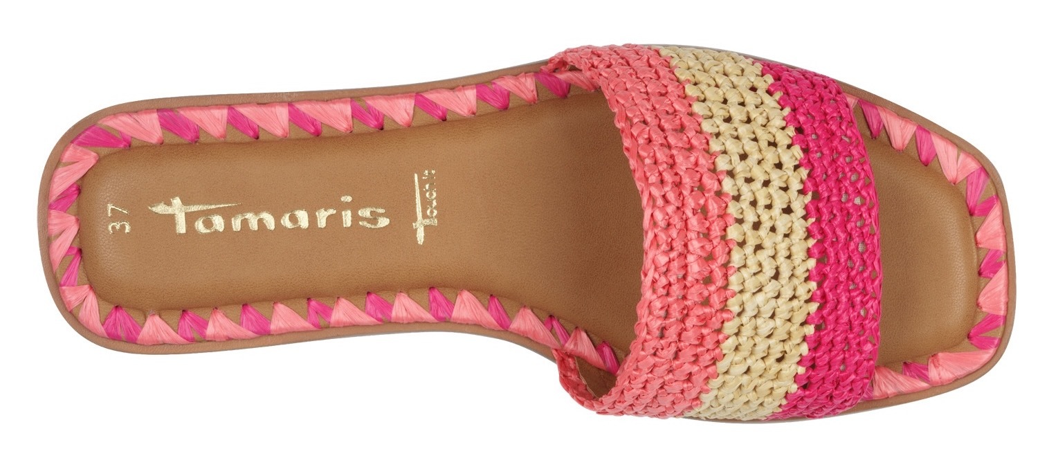 Tamaris Pantolette, Blockabsatz, Sommerschuh, Strandschuh, zweifarbige Bast-Umrandung