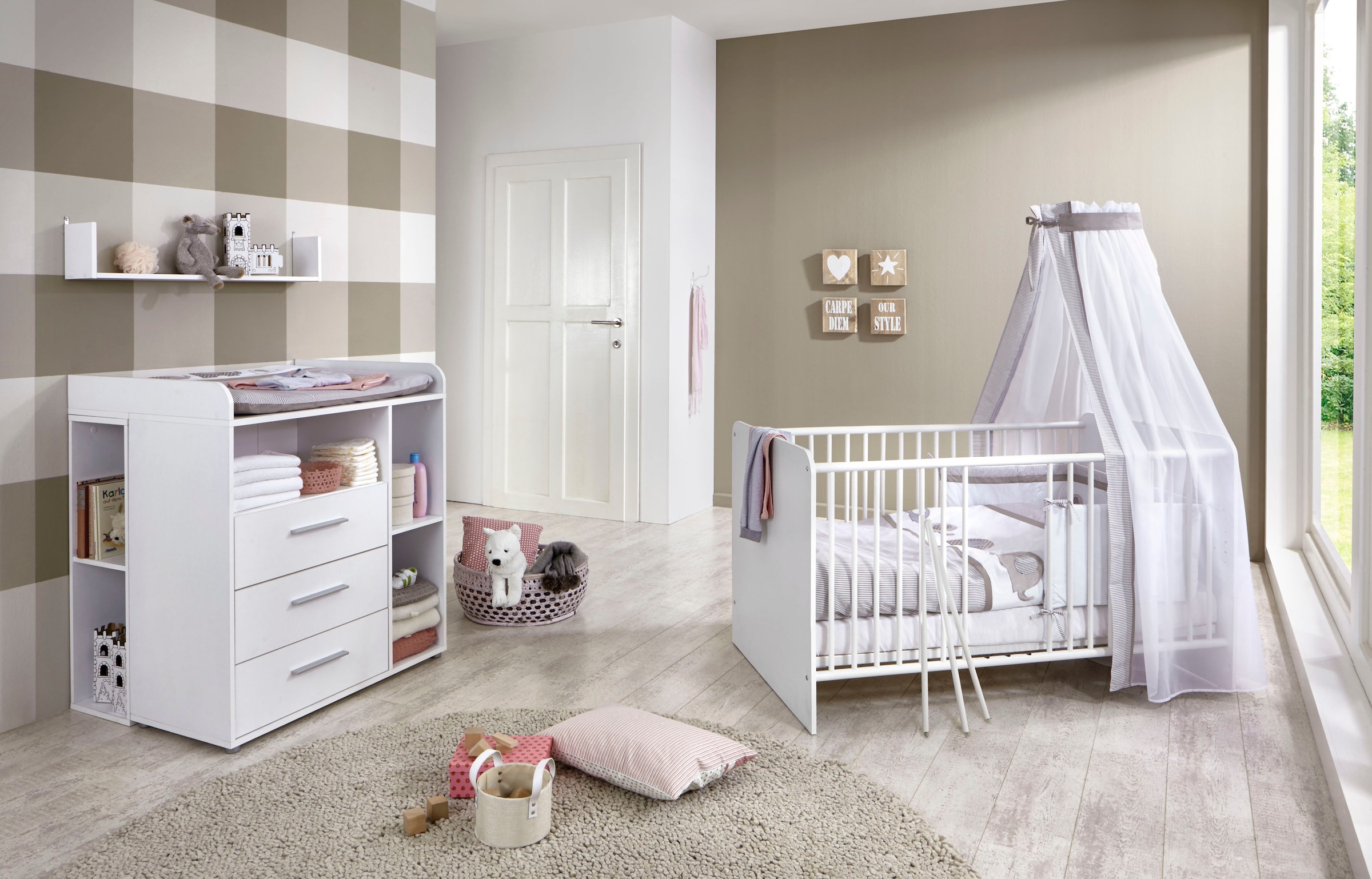 Babymöbel-Set »Luis«, (Set, 5 tlg., Bett + Wickelkommode + Unterstellregal (Set...