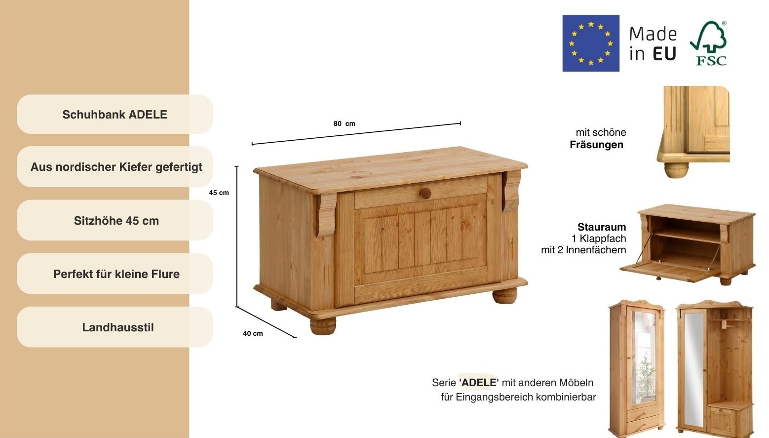 Thumbnail - OTTO home Schuhbank "Adele" Breite 80 cm, Sitzhöhe 45 cm, aus massiver Kiefer, FSC