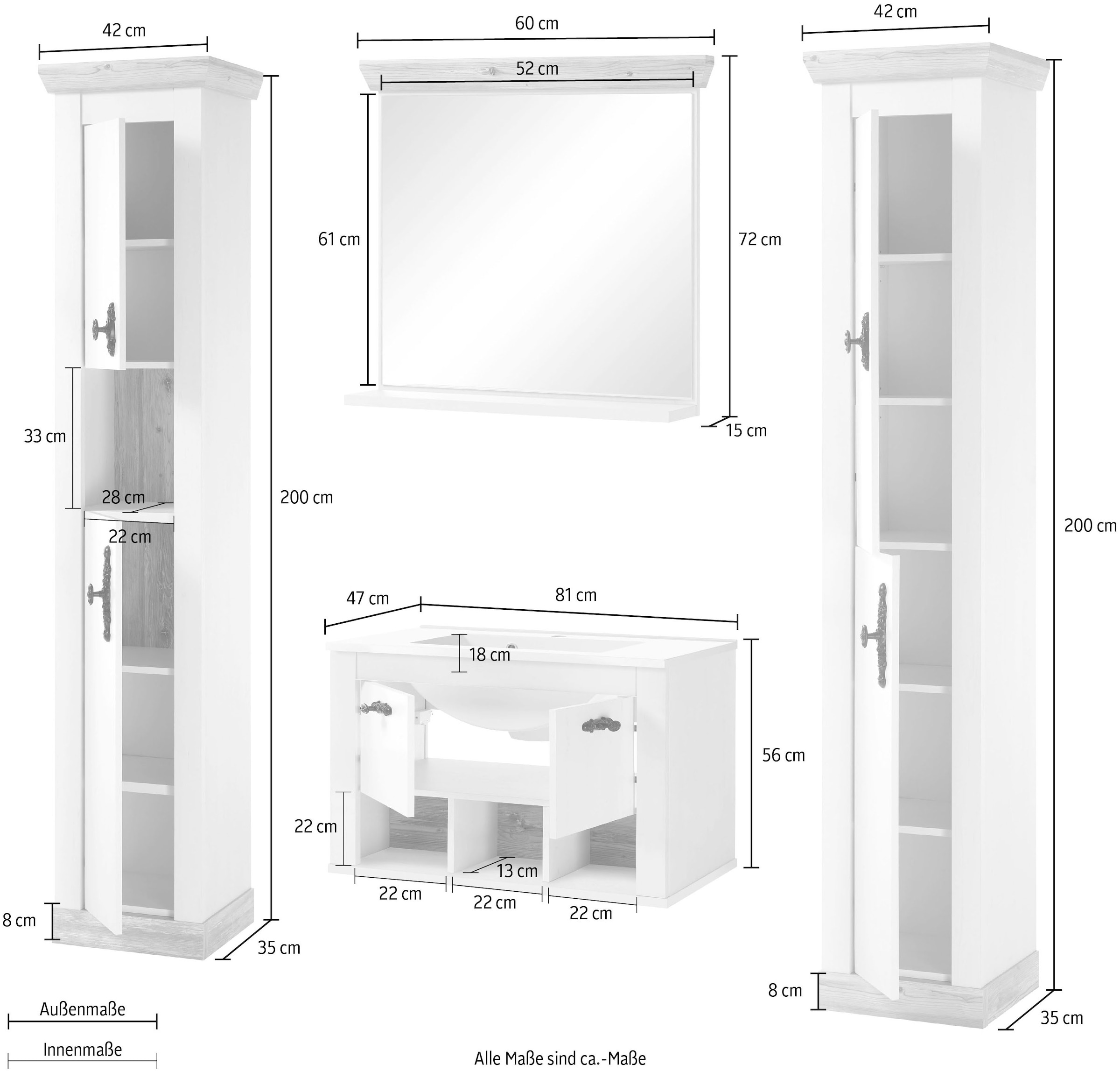 Home affaire Badmöbel-Set »Florenz, Bad im Landhausstil, 4-teiliges Badezimmer«, (4 St.), Hänge-Waschtisch, Schränke und Spiegel, in Pinie Weiß, Stauraum
