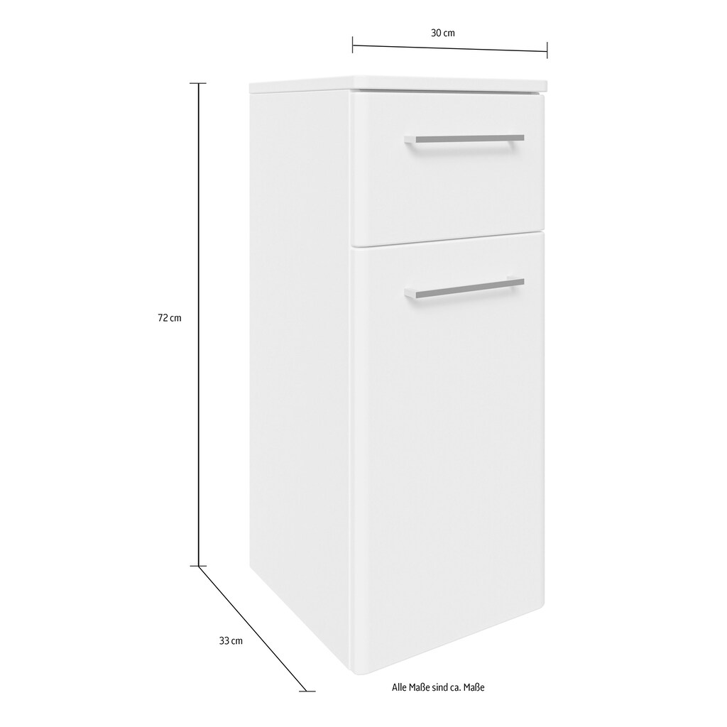 Saphir Unterschrank »Quickset 316 Badschrank 1 Tür, 1 Schublade, 30cm breit, Weiß Hochglanz«, Badezimmer-Unterschrank inkl. Türdämpfer, Griffe in Chrom Glanz