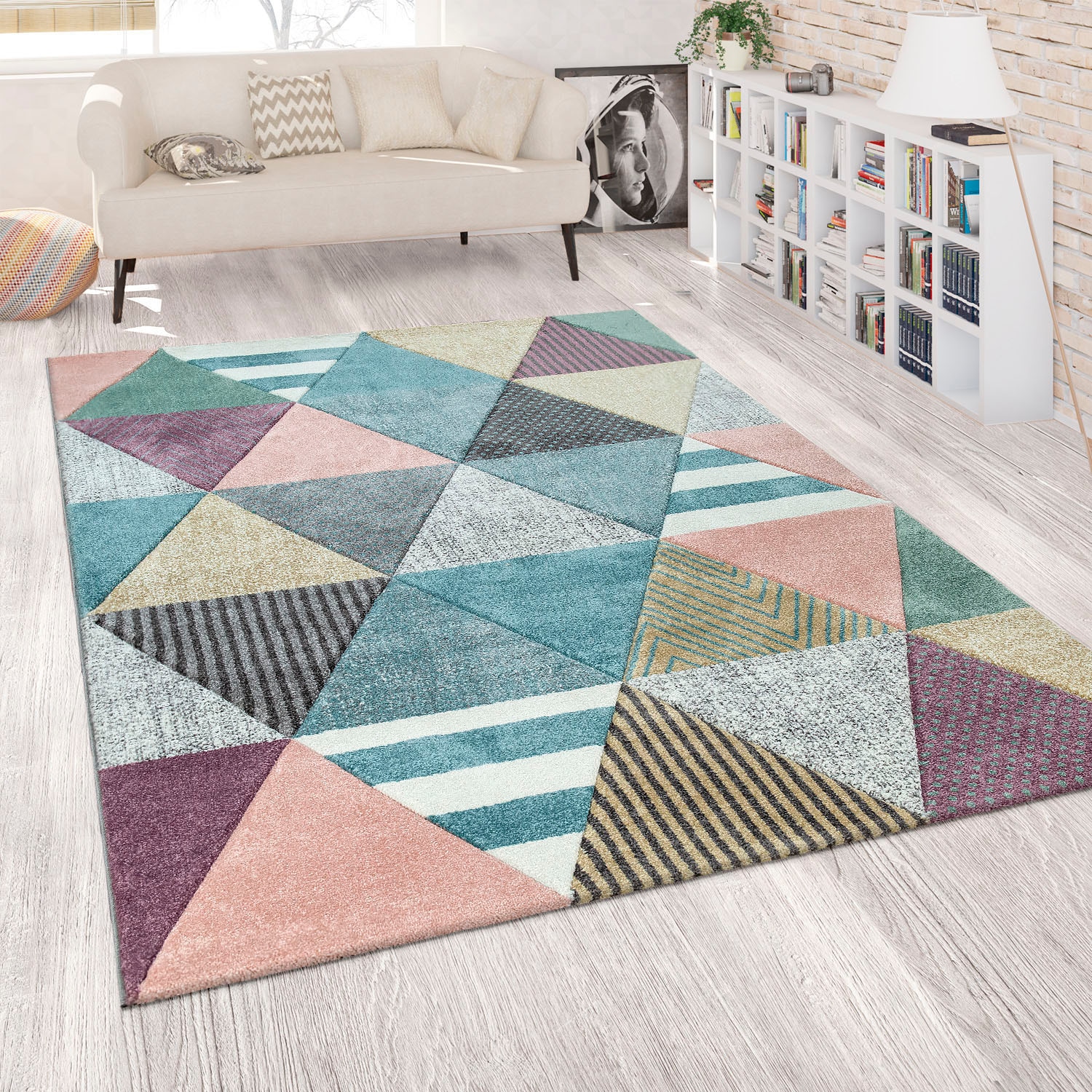 Paco Home Teppich »Mia 054«, rechteckig, 16 mm Höhe, Kurzflor, modernes buntes 3D-Patchwork Design, Pastell- Farben