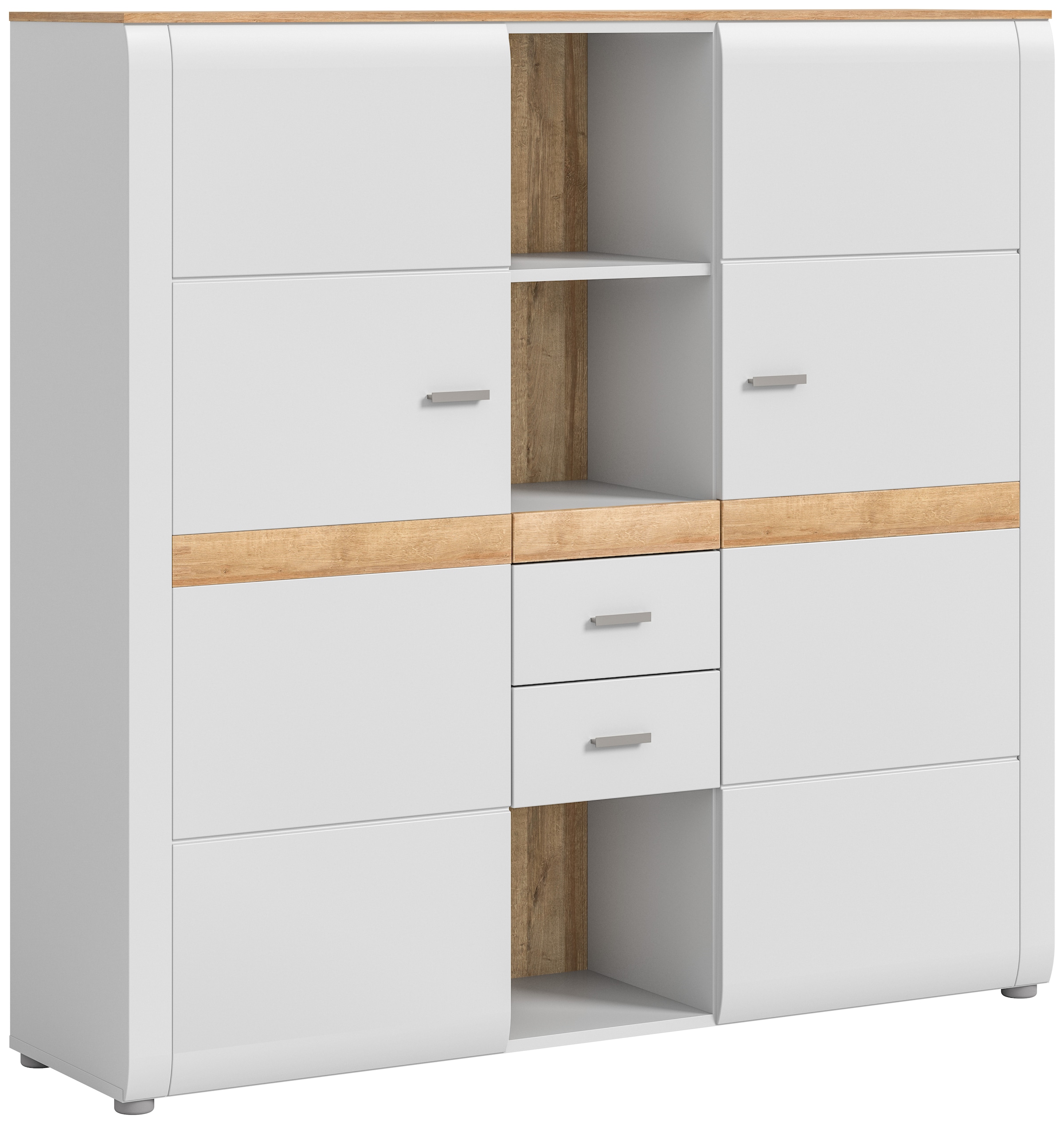 INOSIGN Highboard »Aska, Höhe 138cm, Metallgriffe, 2 Türen, 2 Schubkästen,3 offene Fächer«, (1 St.), Matte Optik, 2-farbig, Anrichte, Schrank, Kommode, Midischrank