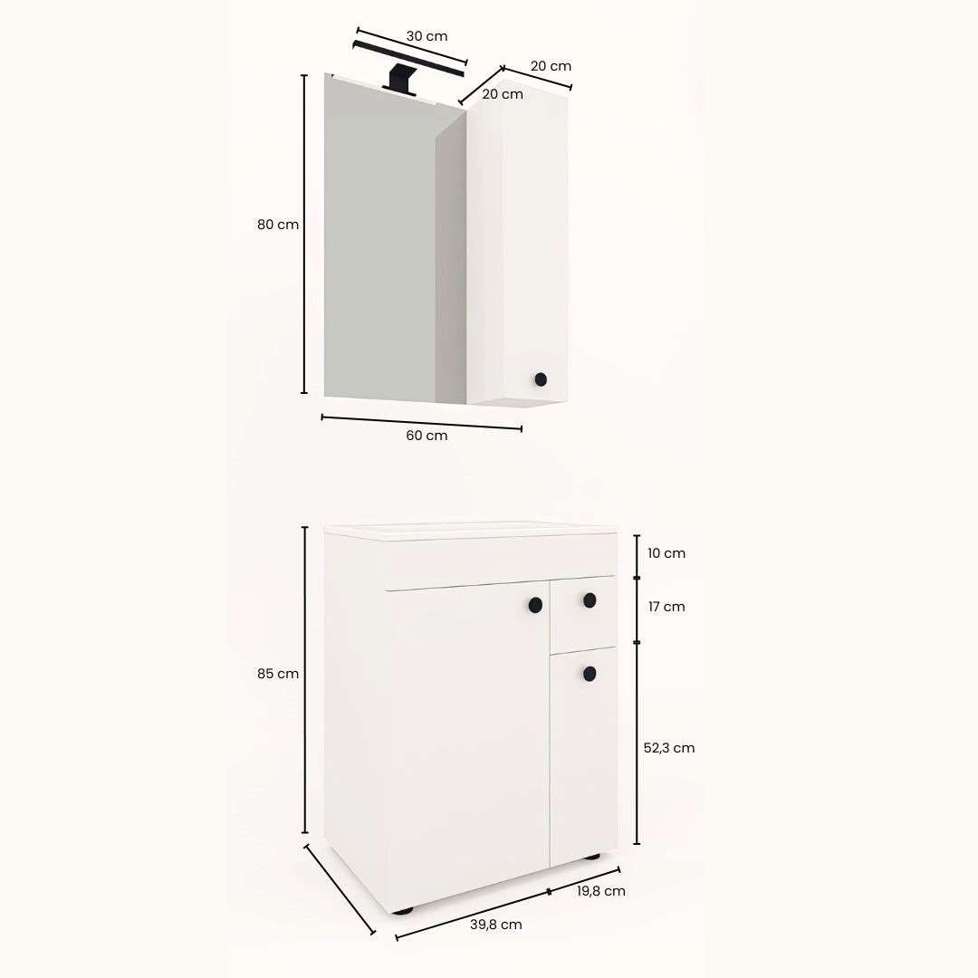 welltime Badmöbel-Set »Badmöbel-Set Braga, Schrank mit Waschbecken, Hängeschrank und Spiegel«, WBU mit Wachbecken und Hängeschrank inkl. LED-Beleuchtung, Spiegel