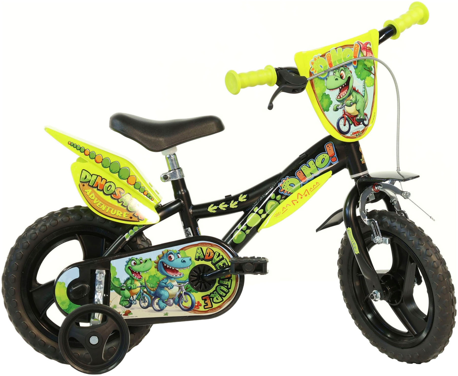 Dino Bikes Kinderfahrrad "12" Dinosaurier Kinderfahrrad stabiler Stahl-Rahmen Stützräder" 1 Gang mit Stützrädern, Frontschild und coolen Schutzblechen