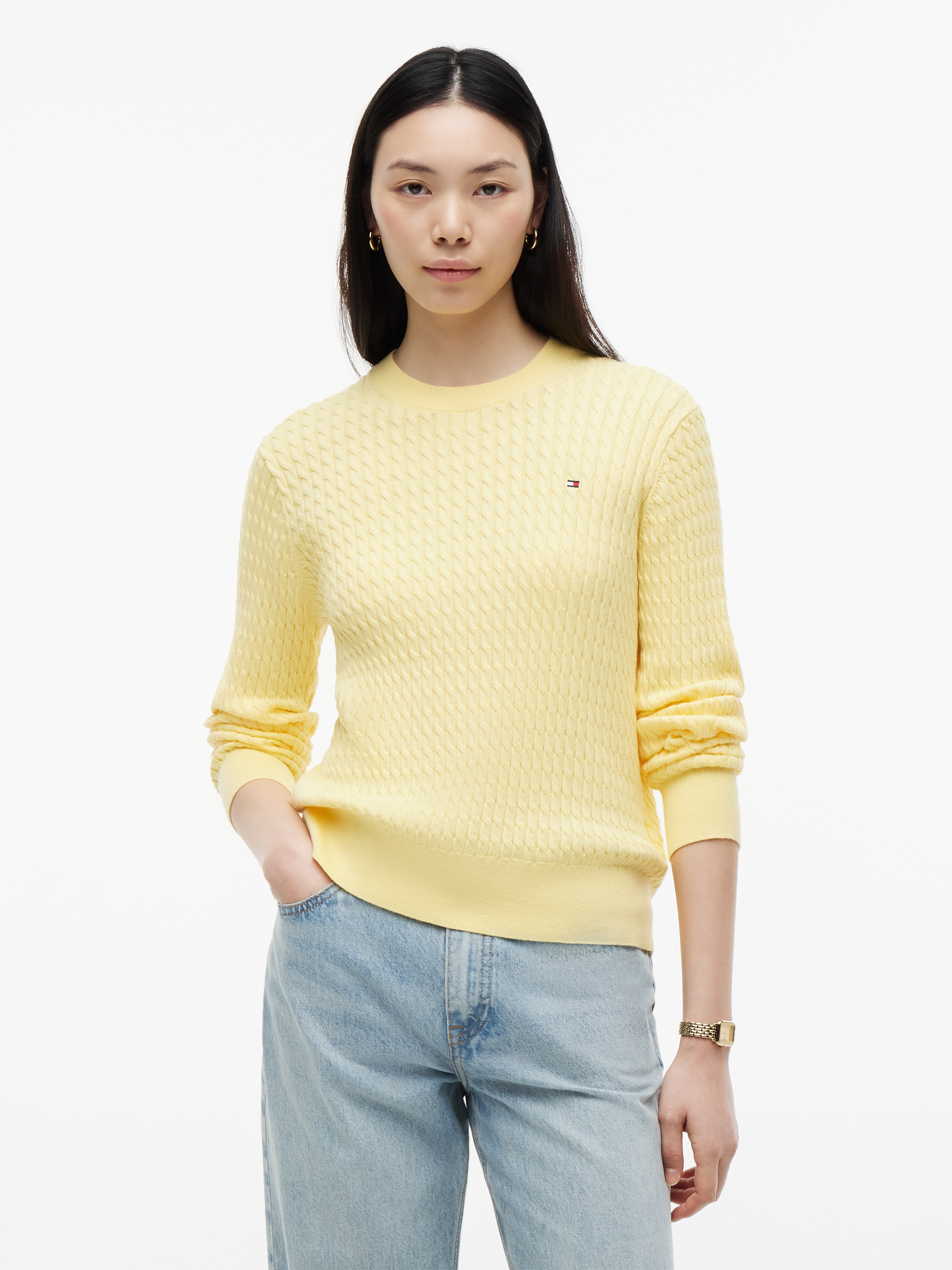 Tommy Hilfiger Rundhalspullover "CO CABLE C-NK LS SWEATER" Baumwolle, mit Zopfmuster, Regular Fit