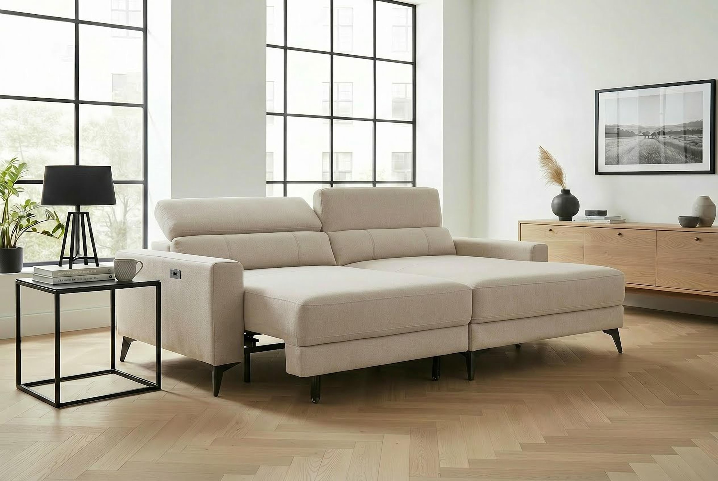 OTTO home Ecksofa "LEWII, Schlafsofa elektrisch mit Sitztiefenverstellung, L-Form, 225 cm" mit USB A/C-Anschluss. Federkern, verstellbaren Kopfstützen, Webstoff