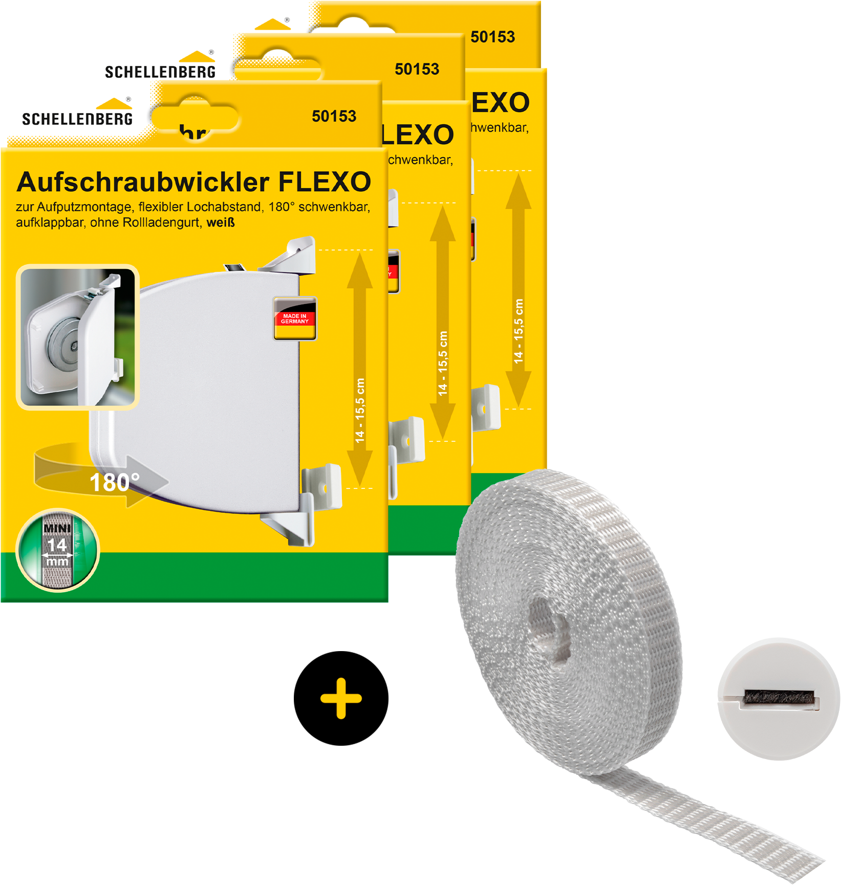 SCHELLENBERG Aufputz-Gurtwickler "Flexo Rollladensystem Mini, inkl. Gurt grau und Gurtführung" Set, 3 Stk. tlg. Aufschraubwickler aufklappbar, höhenverstellbar, 180 schwenkbar weiß