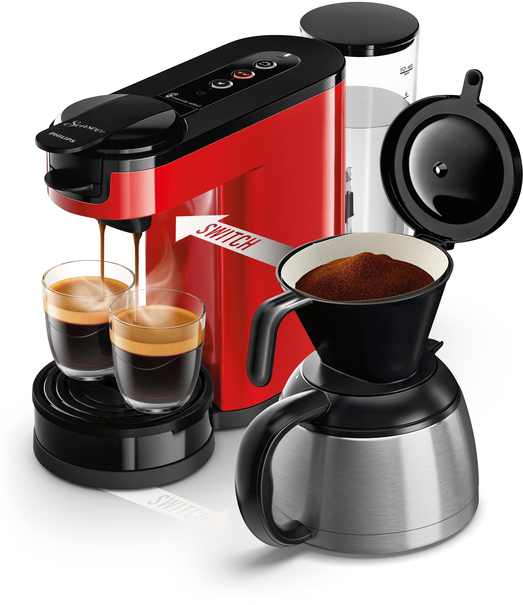 Philips Senseo Kaffeepadmaschine „Switch HD6592/84“, 1 l Kaffeekanne, inkl. Kaffeepaddose im Wert von 9,90 € UVP rot
