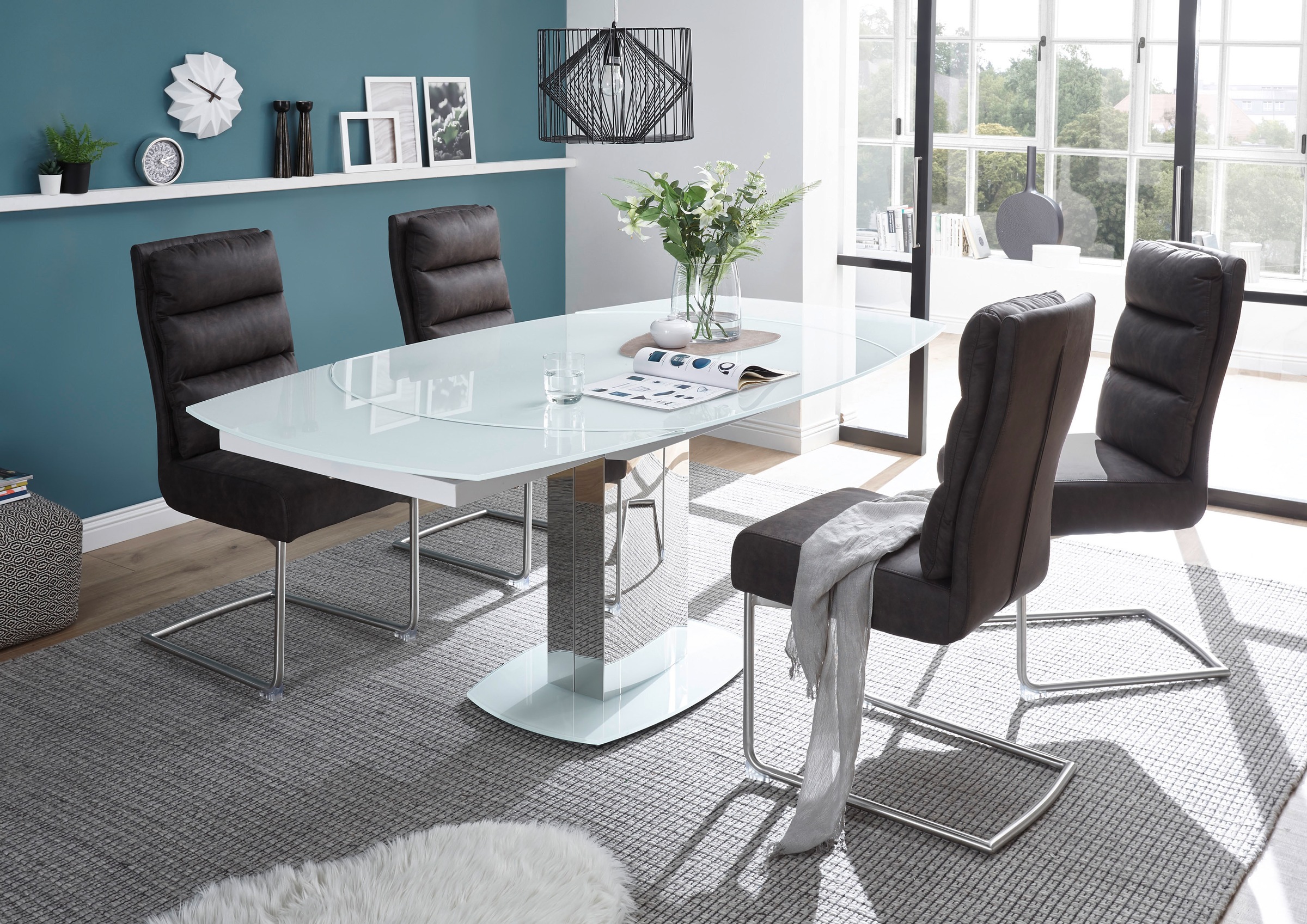 Stolkom Esstisch »Jackson Glastisch Weiß, Tisch ausziehbar, BxHxT 130-190x75x105 cm«, Automatische beidseitiger Drehauszug, Tischplatte in Super White