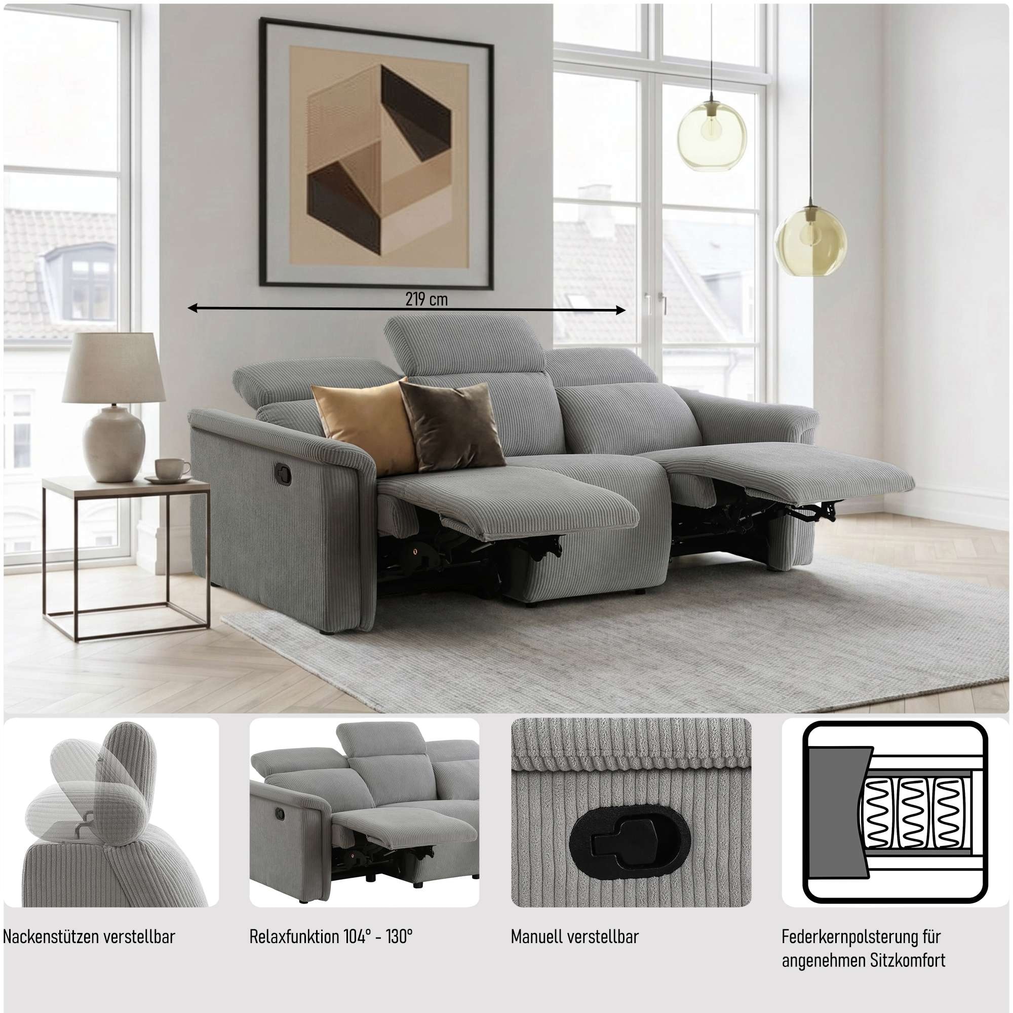 OTTO home 3-Sitzer »LUND NEW Cord (219cm), manuelle/elektrische Relaxfunktion in 2 Sitzen« USB-A/C bei elektrischer Variante und Kopfteilverstellung