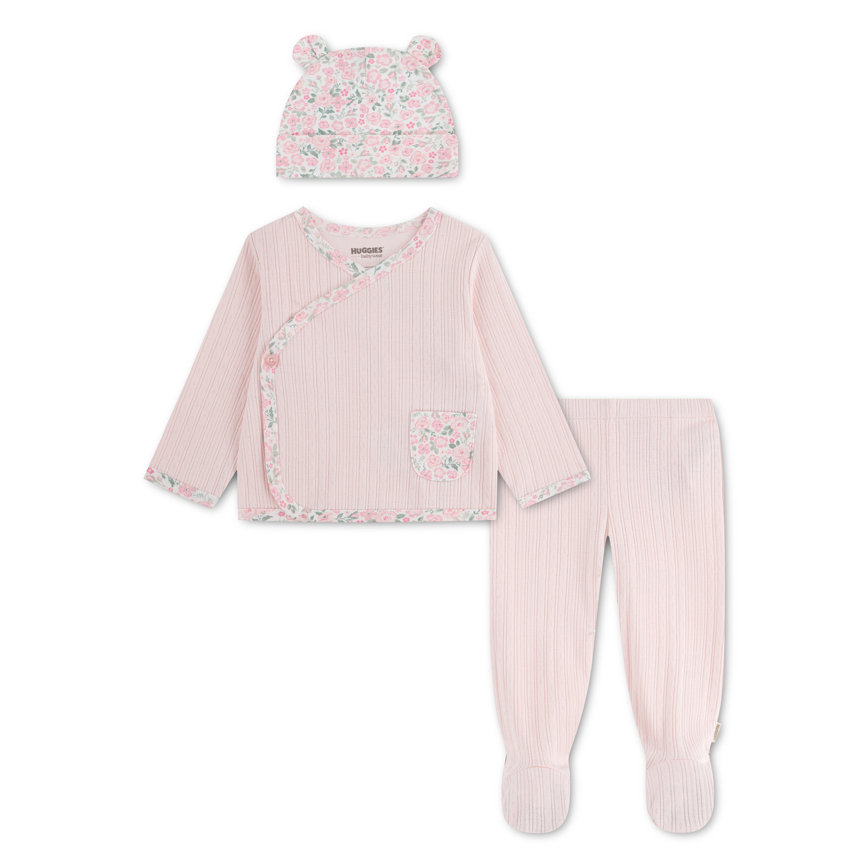 HUGGIES babywear Shirt, Hose, Jacke & Mütze "HUGG FOOTED PANT SET + ATTACHM" Set, 3 Mütze-Hose mit Füßen/Jacke mit floralem Muster / für Girls