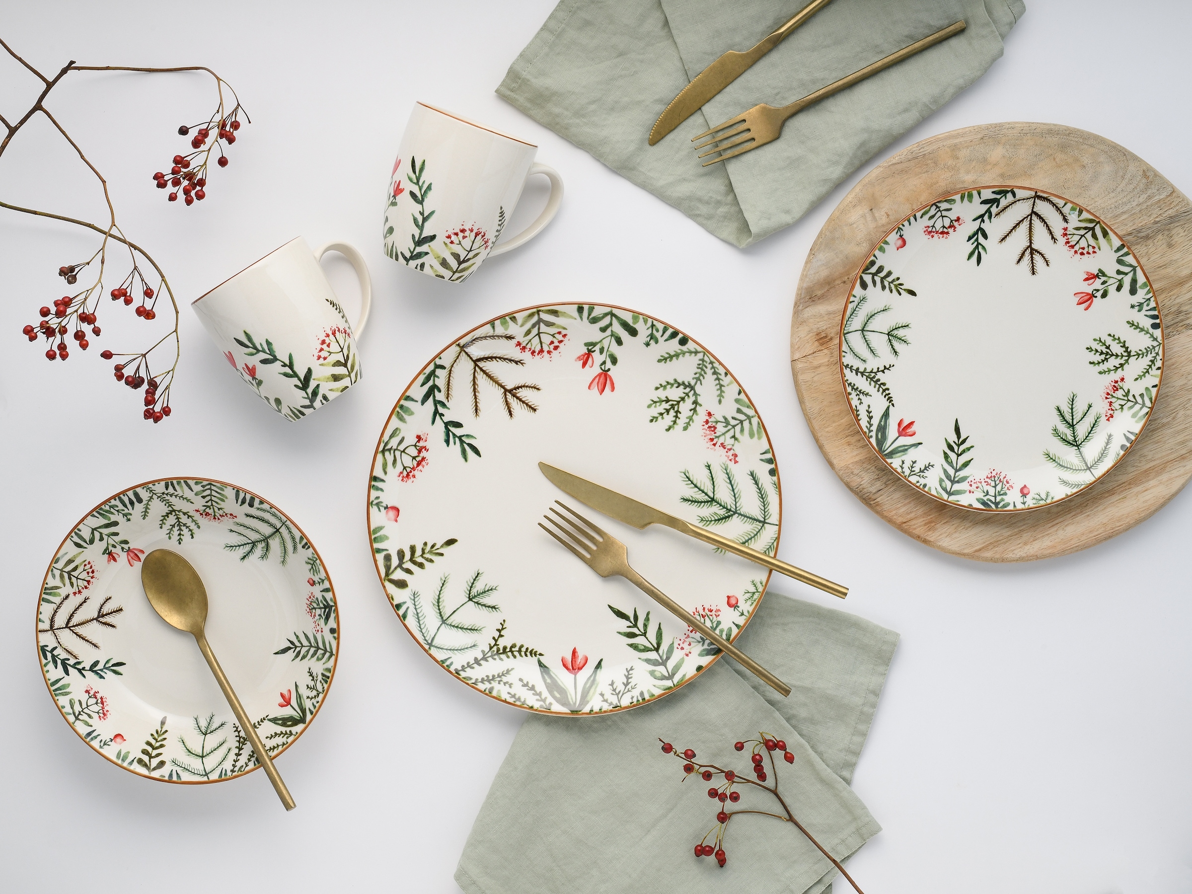 CreaTable Kombiservice »Geschirr-Set Greenery Leaves«, (Set, 16 tlg., Kaffeeservice und Tafelservice im Set, für 4 Personen), Service, traditionelles Blumen- und Farnmotiv, 16 Teile für 4 Personen