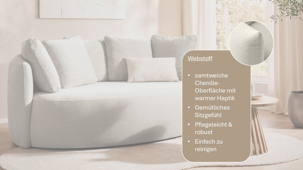 OTTO home 2,5-Sitzer »Kaarl, rundes Loungesofa, Sofa mit Kissen, perfekt gepolstert« Webstoff, in fünf Farben, zeitloses Design, inkl. 5 Rückenkissen