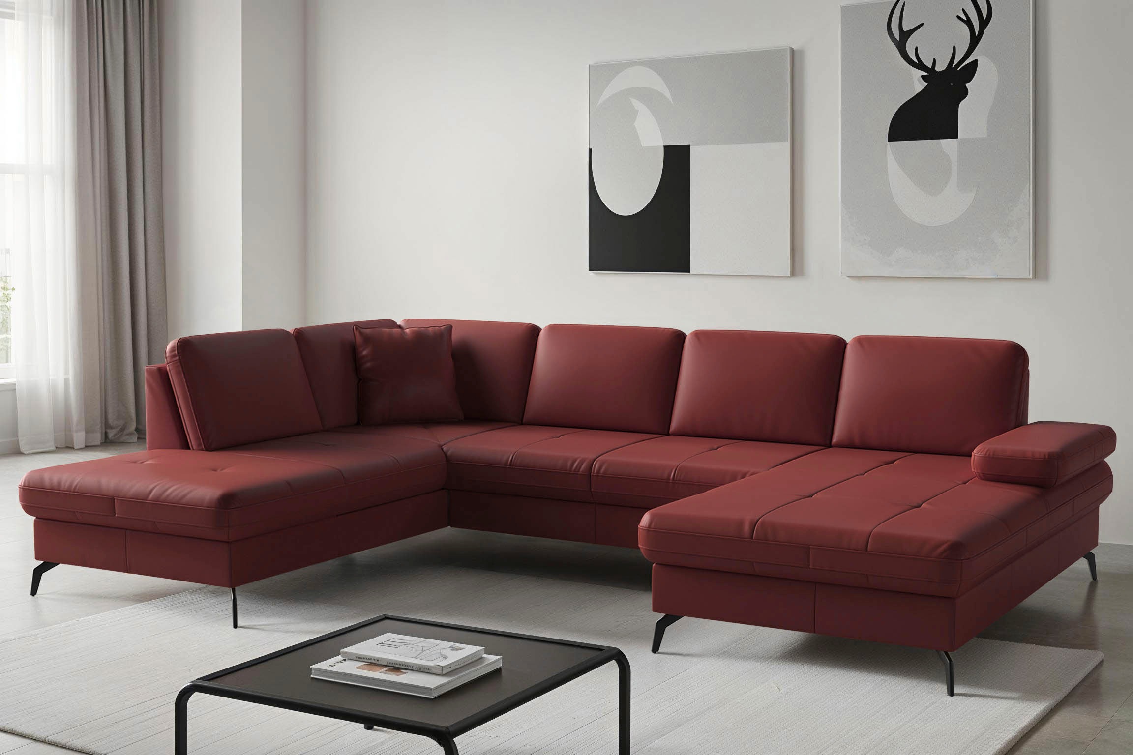 Wohnlandschaft SIT & MORE "Morris Jubi, Breite 300 cm", merlot, Sofas, B/H/T: 300cm x 83cm x 202cm, NaturLEDER Stoff, Ottomane links, Mit Armteilverstellung,mit Armteilverstellung, Wohnlandschaft, mit Armteilfunktion, optional mit Bettfunktion, B:300cm H: