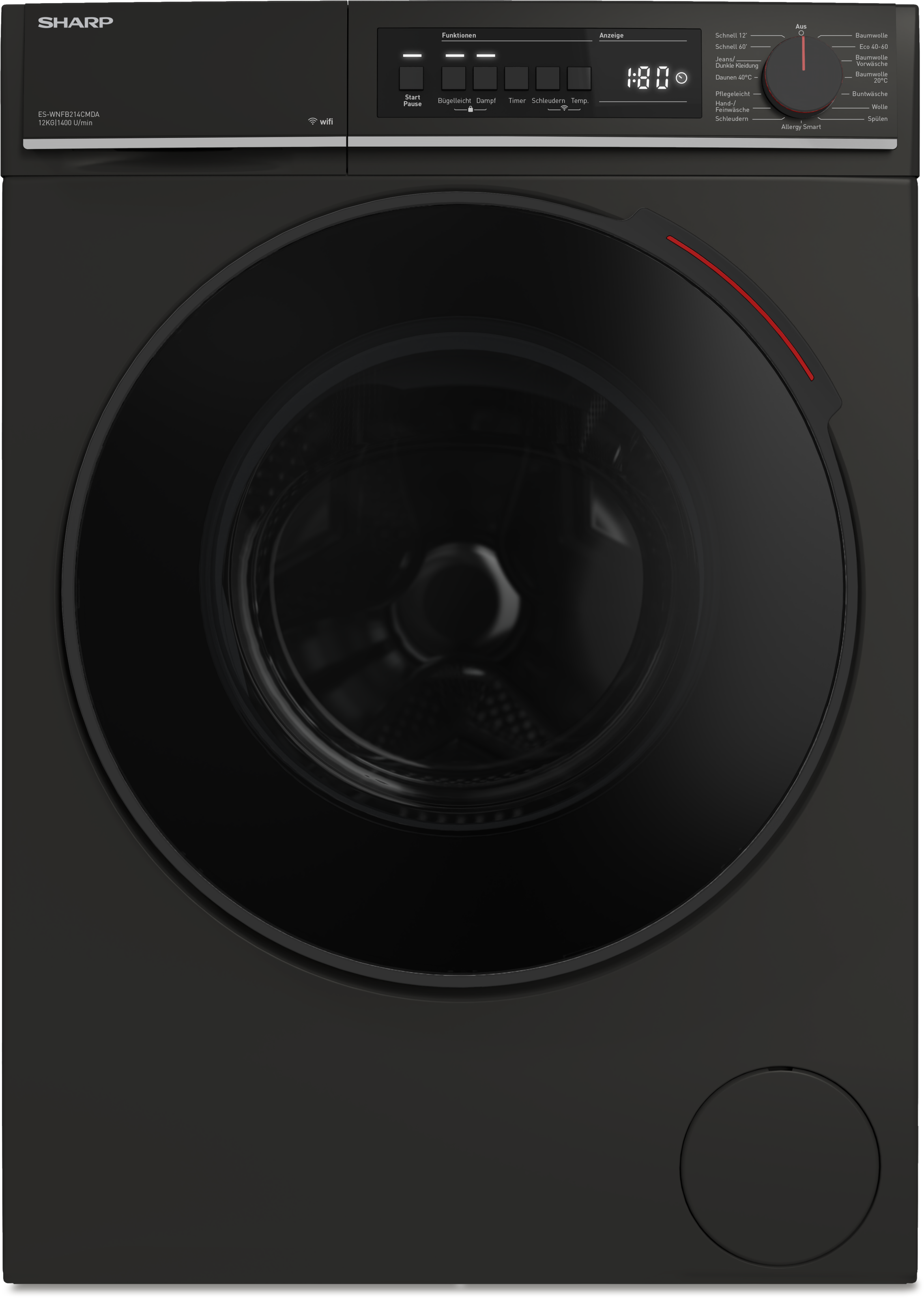 Sharp Waschmaschine Mid Class »ES-WNFB214CMDA-DE«, 12 kg, 1400 U/min, 12kg / +WIFI / A-20% / black Doorring+knob/Steam/
Mat Black