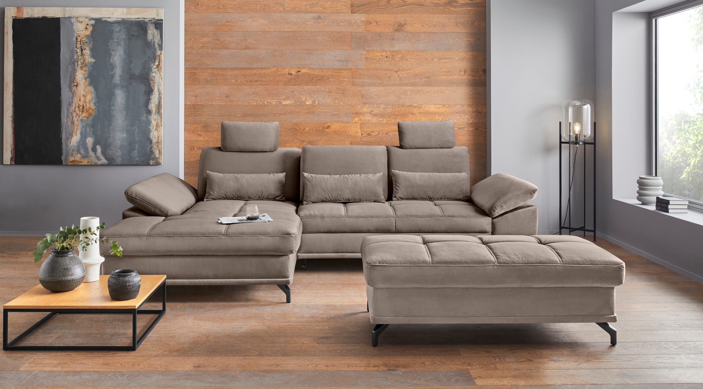 OTTO home Ecksofa "Costello L-Form, B: 301cm, Sitztiefen & Armteilverstellung, Federkern" 3 Nierenkissen, mit Schlaffunktion & Bettkasten