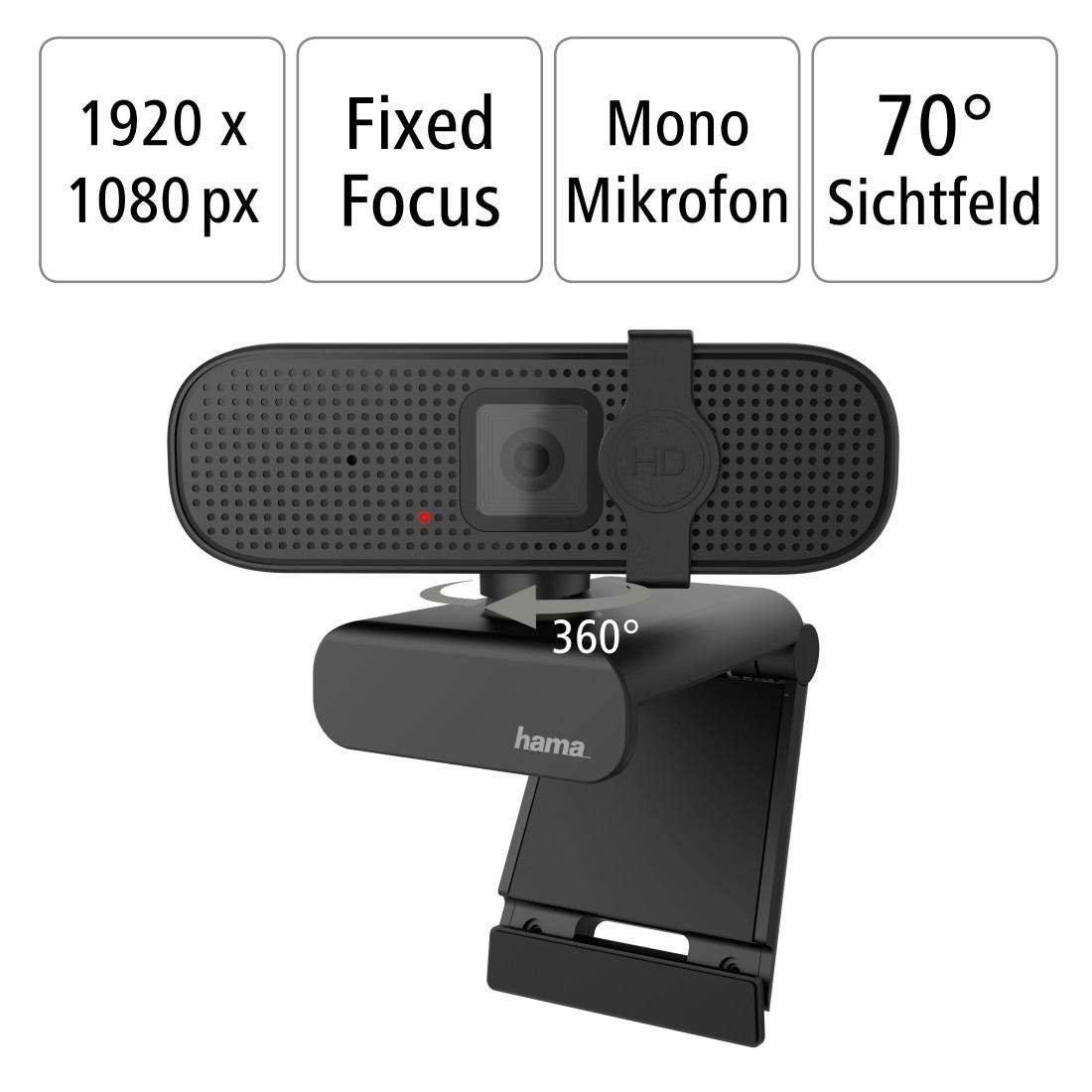 Hama Full HD-Webcam »PC Webcam für Laptop PC, Streaming, Chatten mit Mikrofon, Windows Mac«, Full HD, Plug & Play, verschließbare Linse, Standfuß, Stativgewinde, drehbar