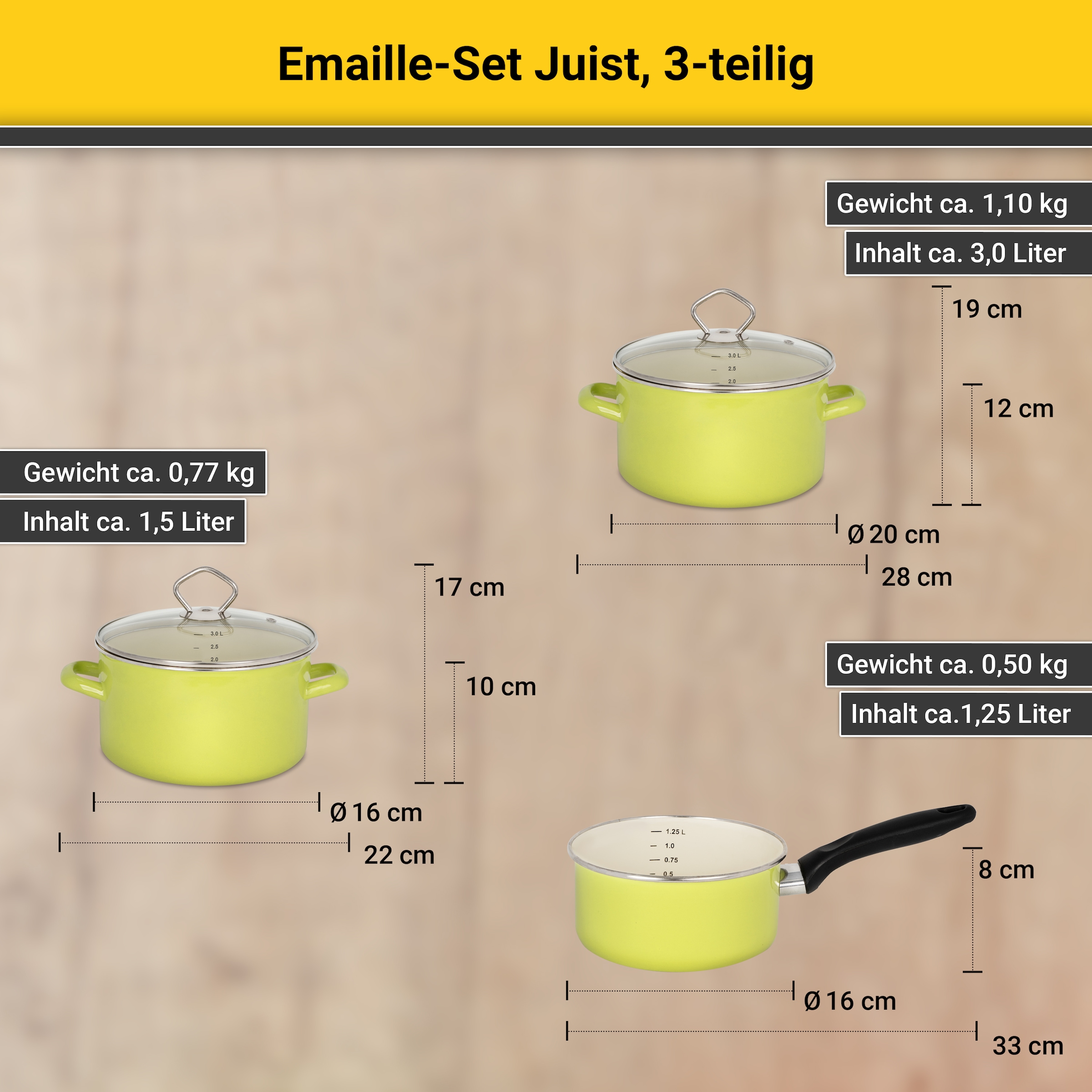 Krüger Topf-Set »Emaille Topfset Juist« Emaille Set, Fleischtopf Ø 16 + Ø 20 cm mit Deckel, Stieltopf Ø 16 cm, 5 Stk. tlg. mit Literskala, schnitt- & kratzfest, spülmaschinengeeignet