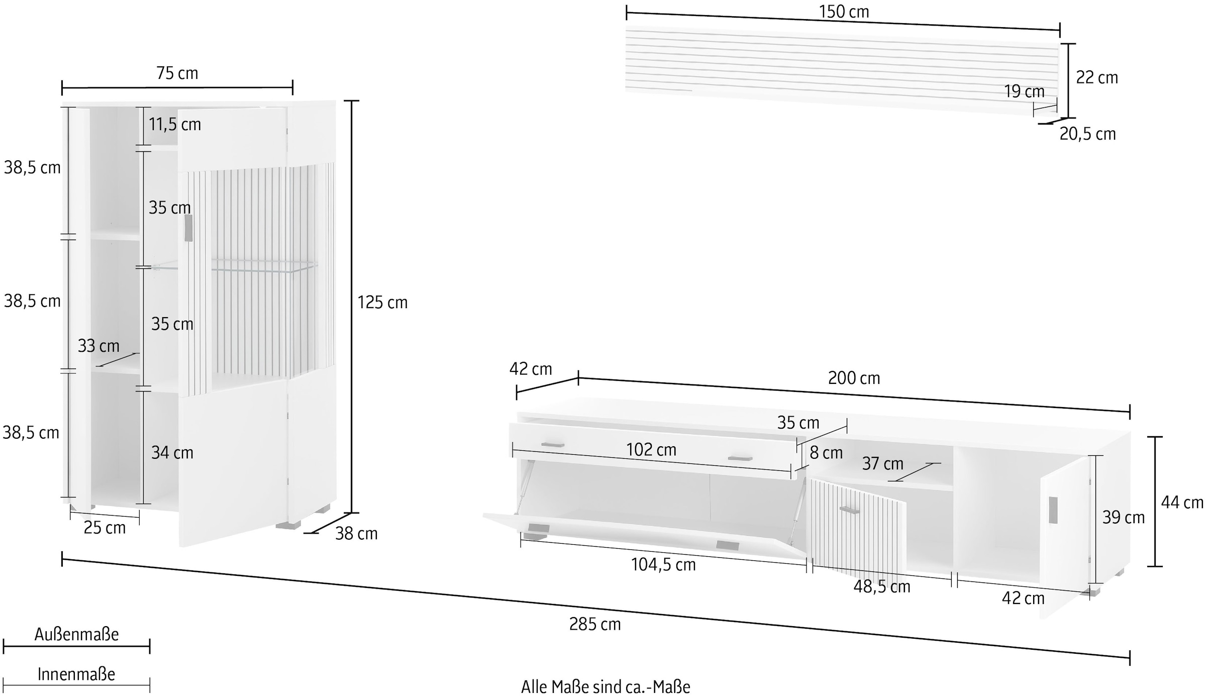 INOSIGN Wohnwand »HUDSON«, (Set, 3 St.), mit moderner Rillenoptik, Griffe aus Metall (Schwarz), Breite 285 cm