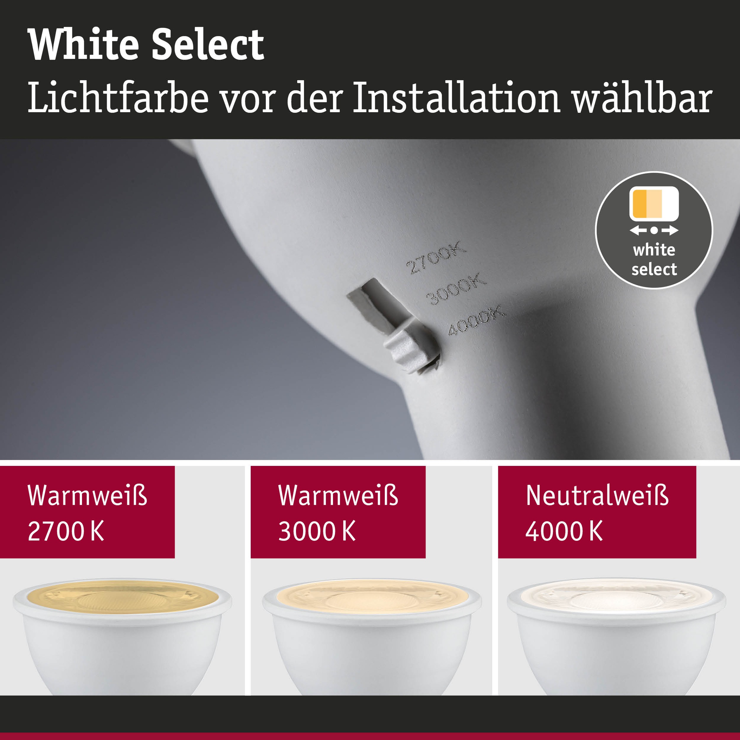 Paulmann LED-Leuchtmittel »650lm 3CCT DipSwitch 50° dim 6,9W 230V« GU10 1 Stk. Farbwechsler White Select
