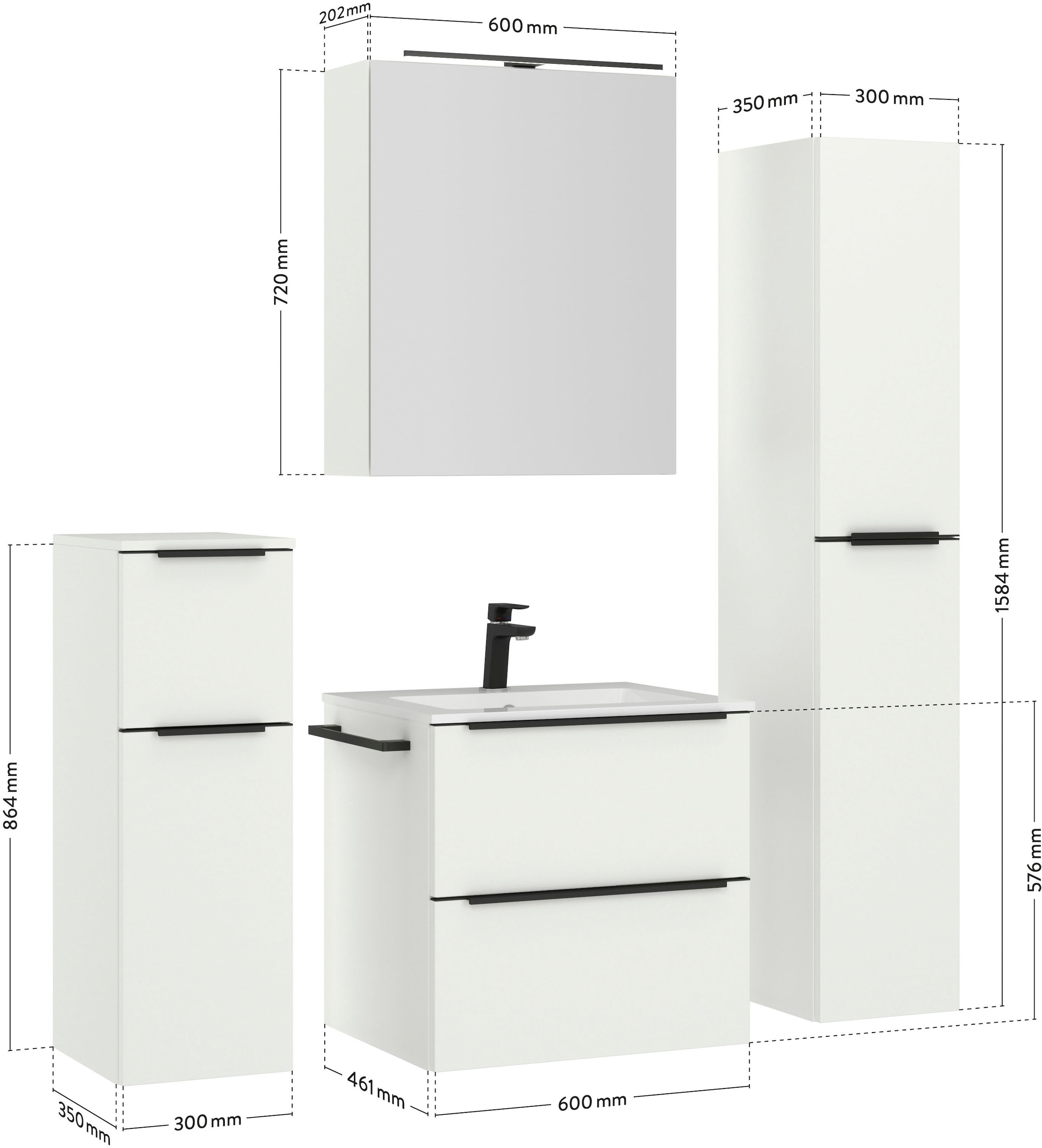 nobilia® Badmöbel-Set »Levere« vormontiert, mit Soft-Close, 4 Stk. tlg. inkl. Spiegelschrank mit Beleuchtung und Dimmerfunktion, in 4 Breiten