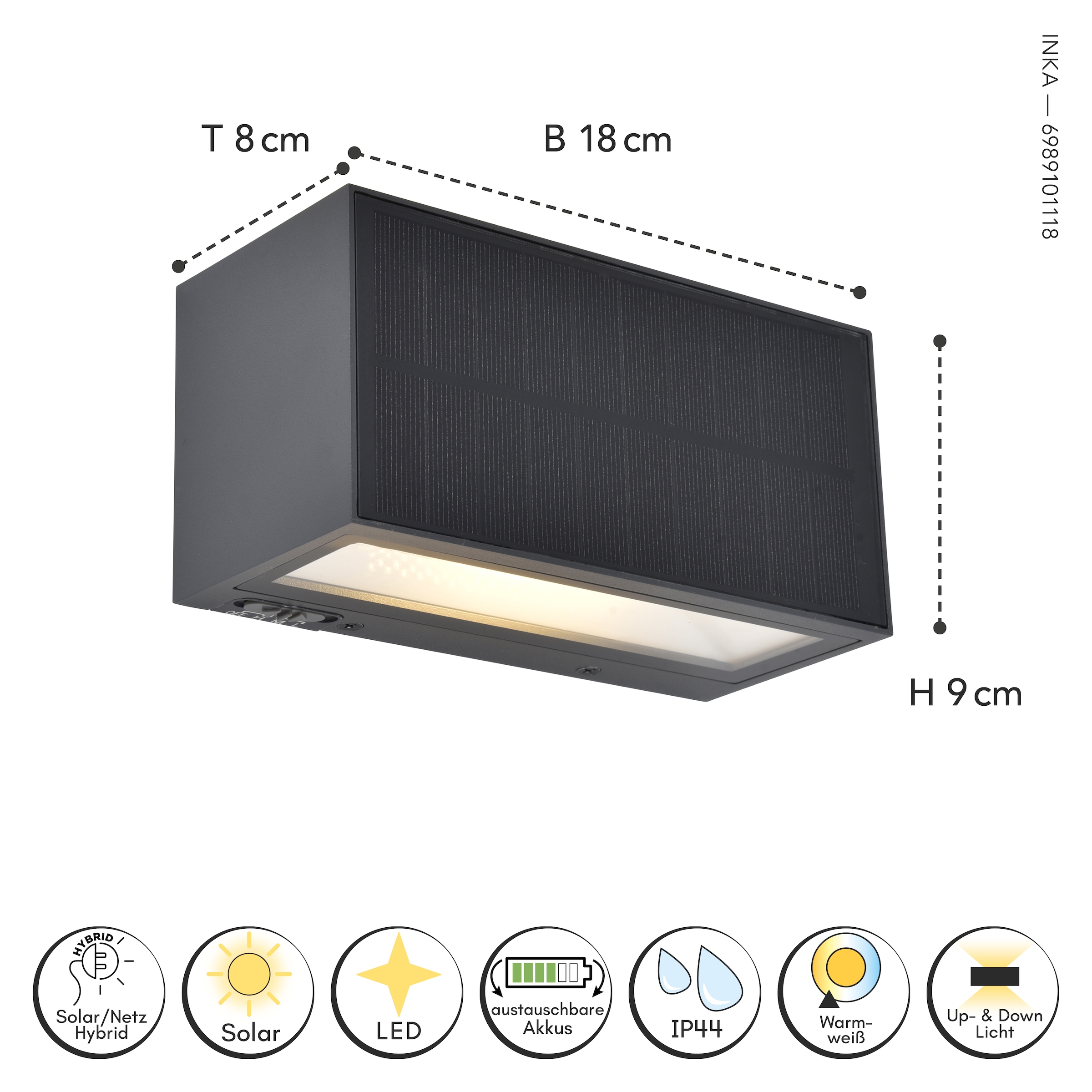 LUTEC LED Solarleuchte »LED-Solarleuchte INKA, Hybrid«, 1 flammig, Leuchtmittel LED-Board | LED fest integriert, Solar-Hybrid