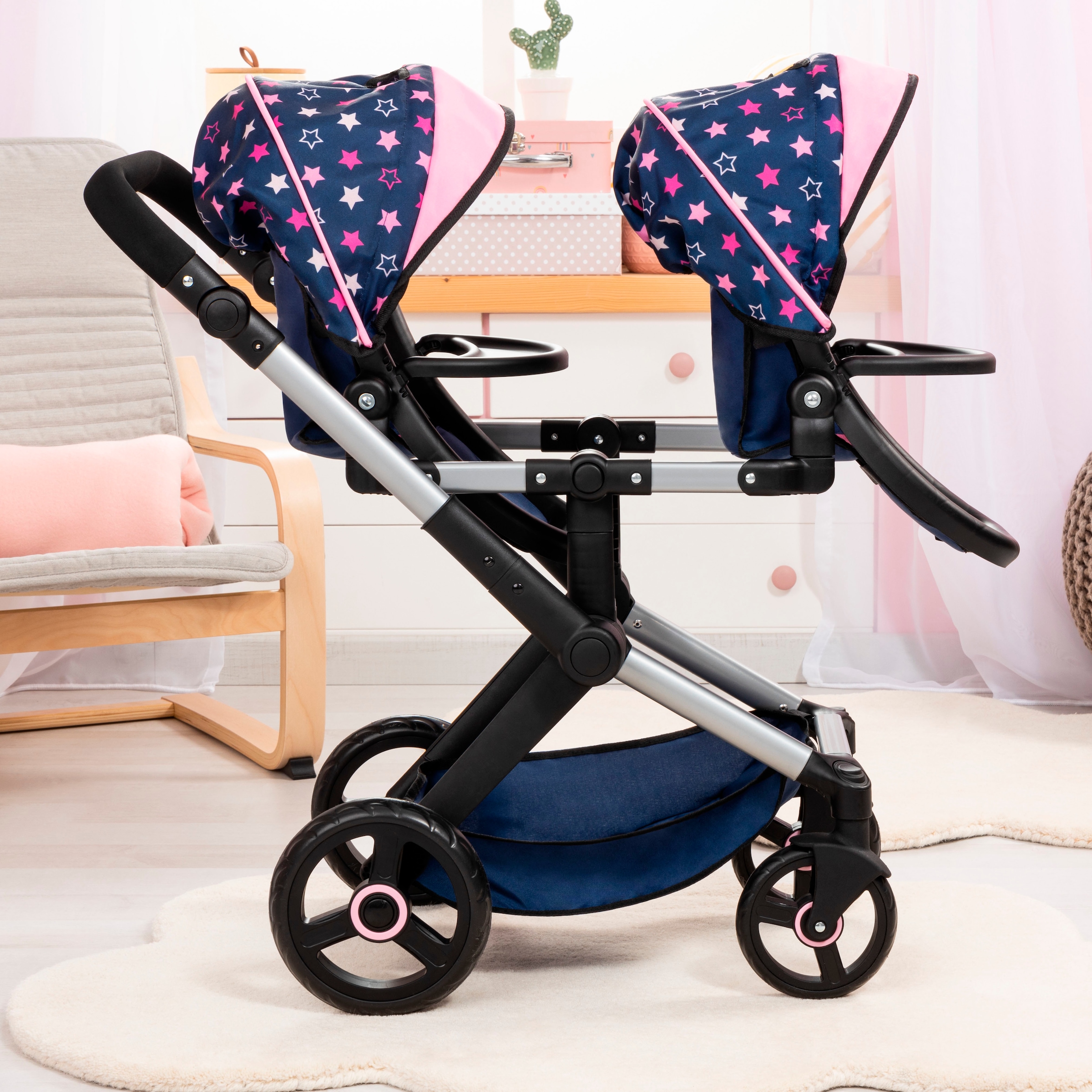 Bayer Puppen-Zwillingsbuggy »Xeo Twin blau/pink«, mit Wickeltasche