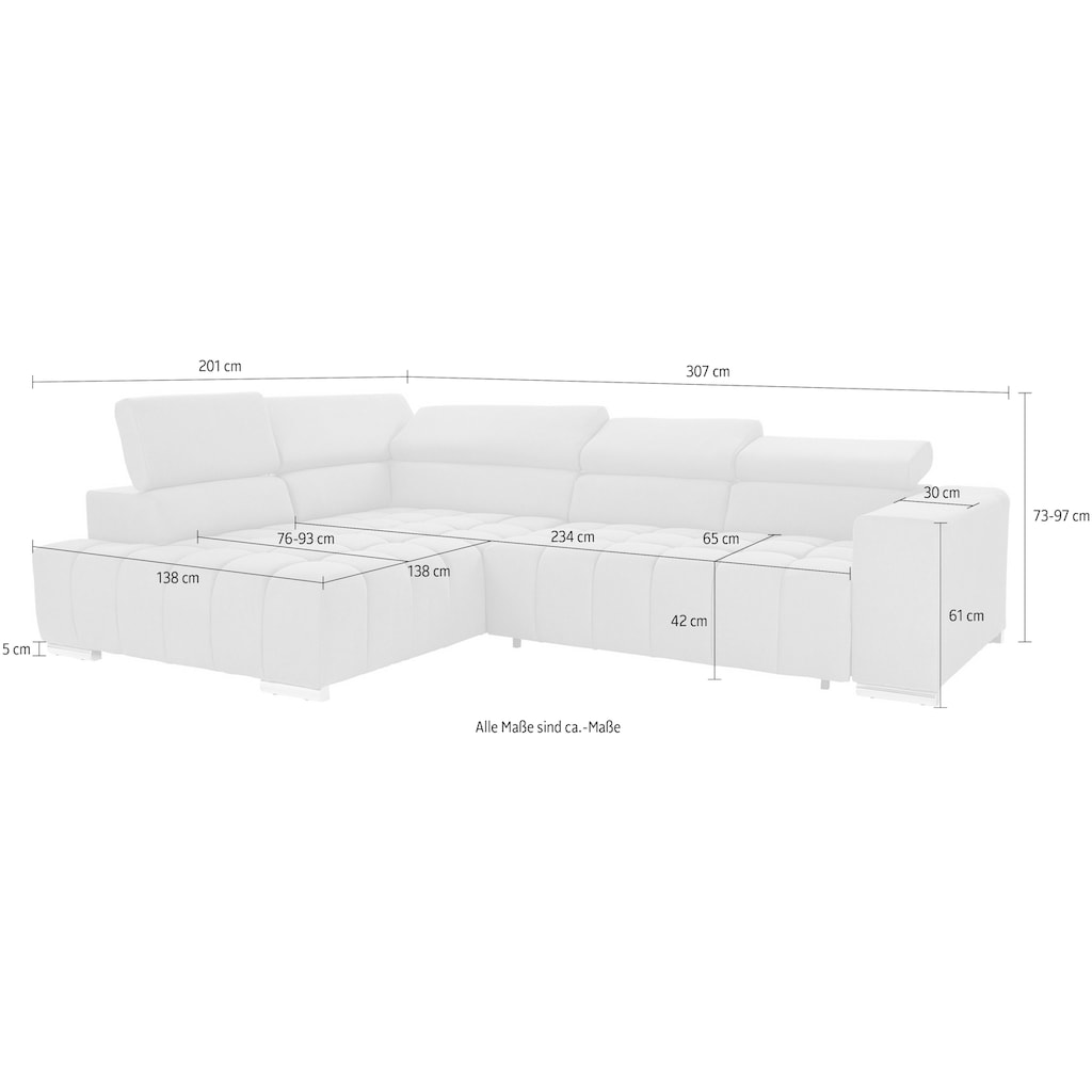 exxpo - sofa fashion Ecksofa Elias, L-Form, mit Kopf- bzw. Rückenverstellung, wahlweise mit Bettfunktion