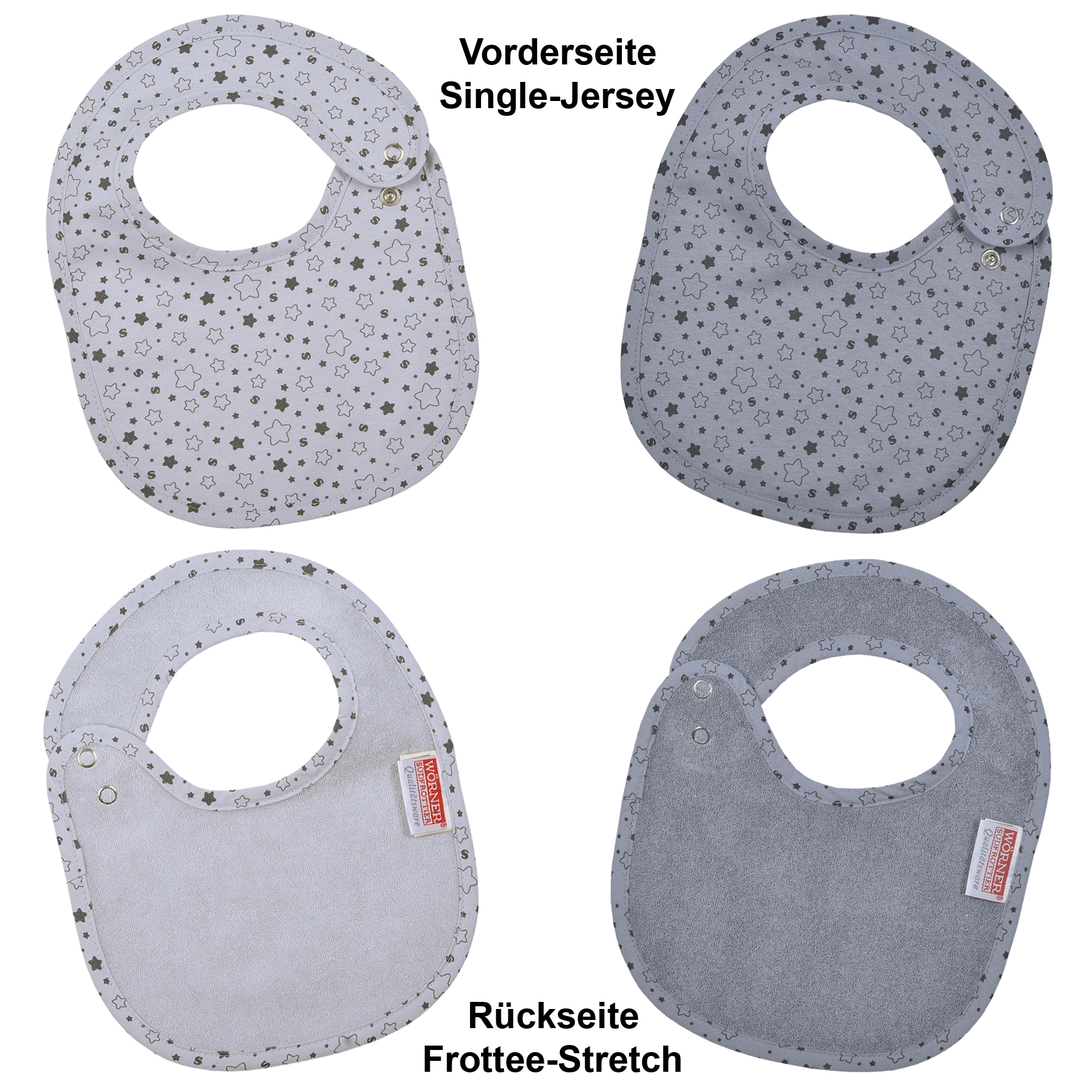 Wörner Lätzchen "Sterne grau Druckknopflatz 22x29 cm" 2 Stk. tlg. mit Druckknöpfen, maschinenwaschbar, trocknergeeignet