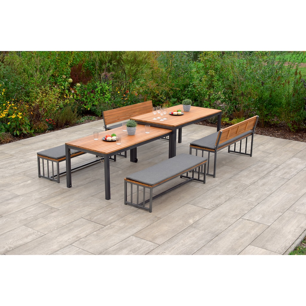 MERXX Garten-Essgruppe »Milos«, (Set, 10 tlg., 4 Bänke (2x mit und 2x ohne Rückenlehne), 2 Tische, 4 Sitzkissen), Set ist komplett ineinander verstaubar, geeignet für 12 Personen