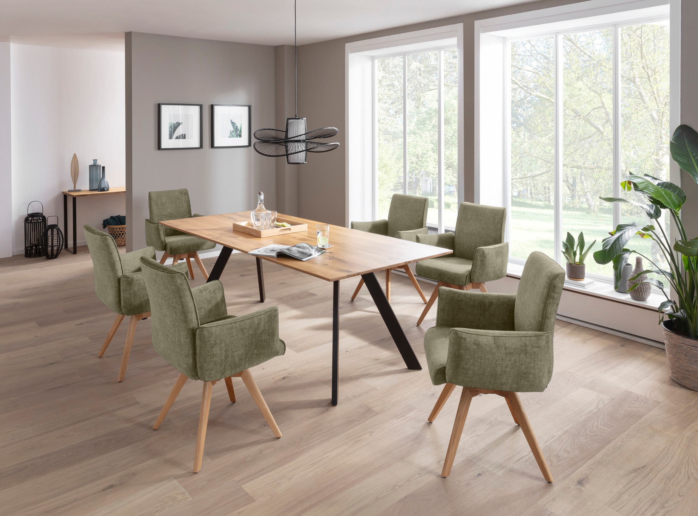K+W Komfort & Wohnen Drehstuhl, Flachgewebe H2O 660, Armlehnenstuhll mit 360° Drehfunktion massives Holzuntergestell