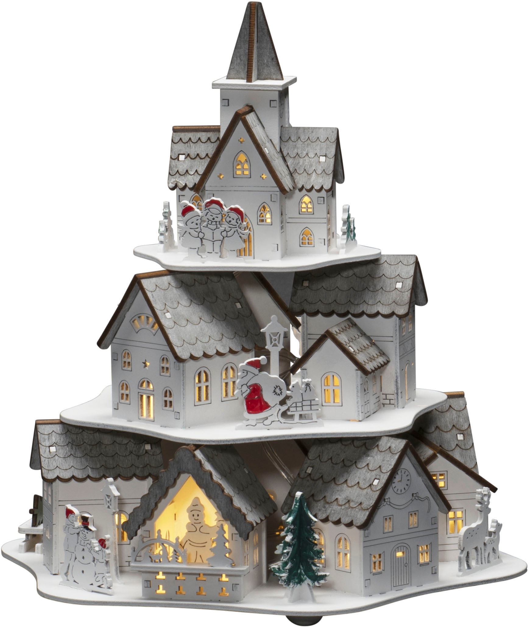 KONSTSMIDE Weihnachtshaus "LED Holzsilhouette Häuser, weiß, 10 warm weiße Dioden", wählbare Energieversorgung zwischen U
