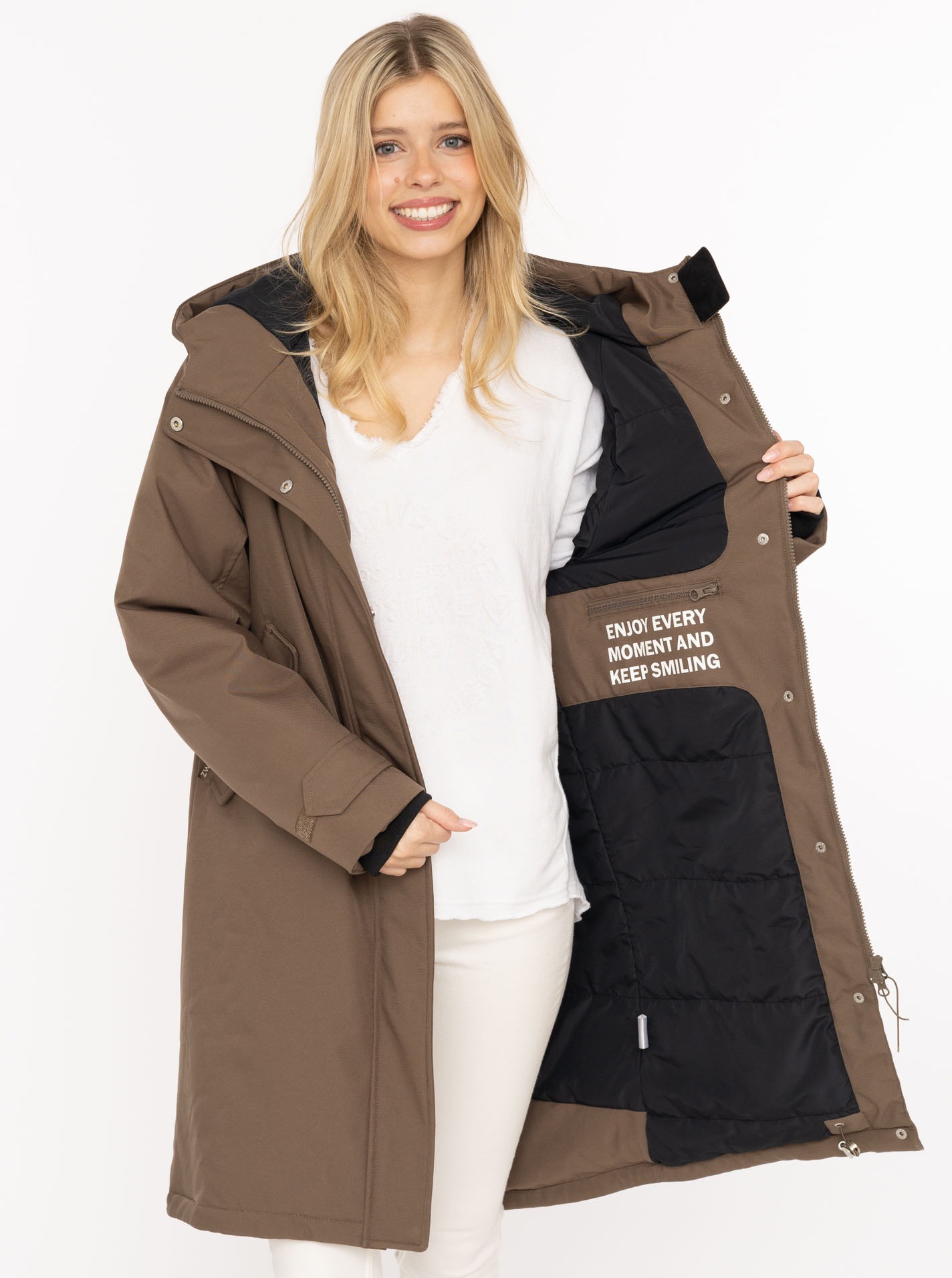 Zwillingsherz Kurzmantel ""Keep Smiling"" Kapuze, verdeckter Reißverschluss günstig online kaufen